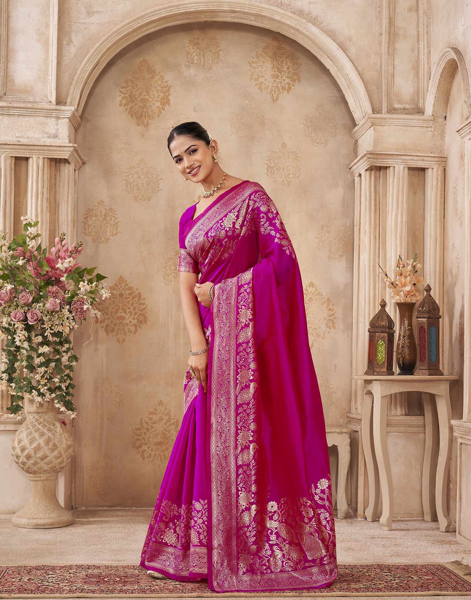 Dark Pink Silk Woven Banarasi Saree