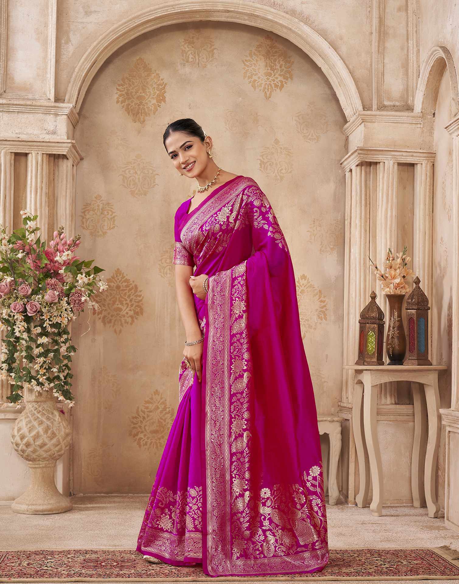 Dark Pink Silk Woven Banarasi Saree