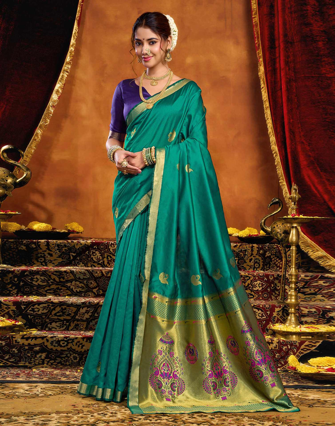 Teal Green Silk Woven Paithani Saree