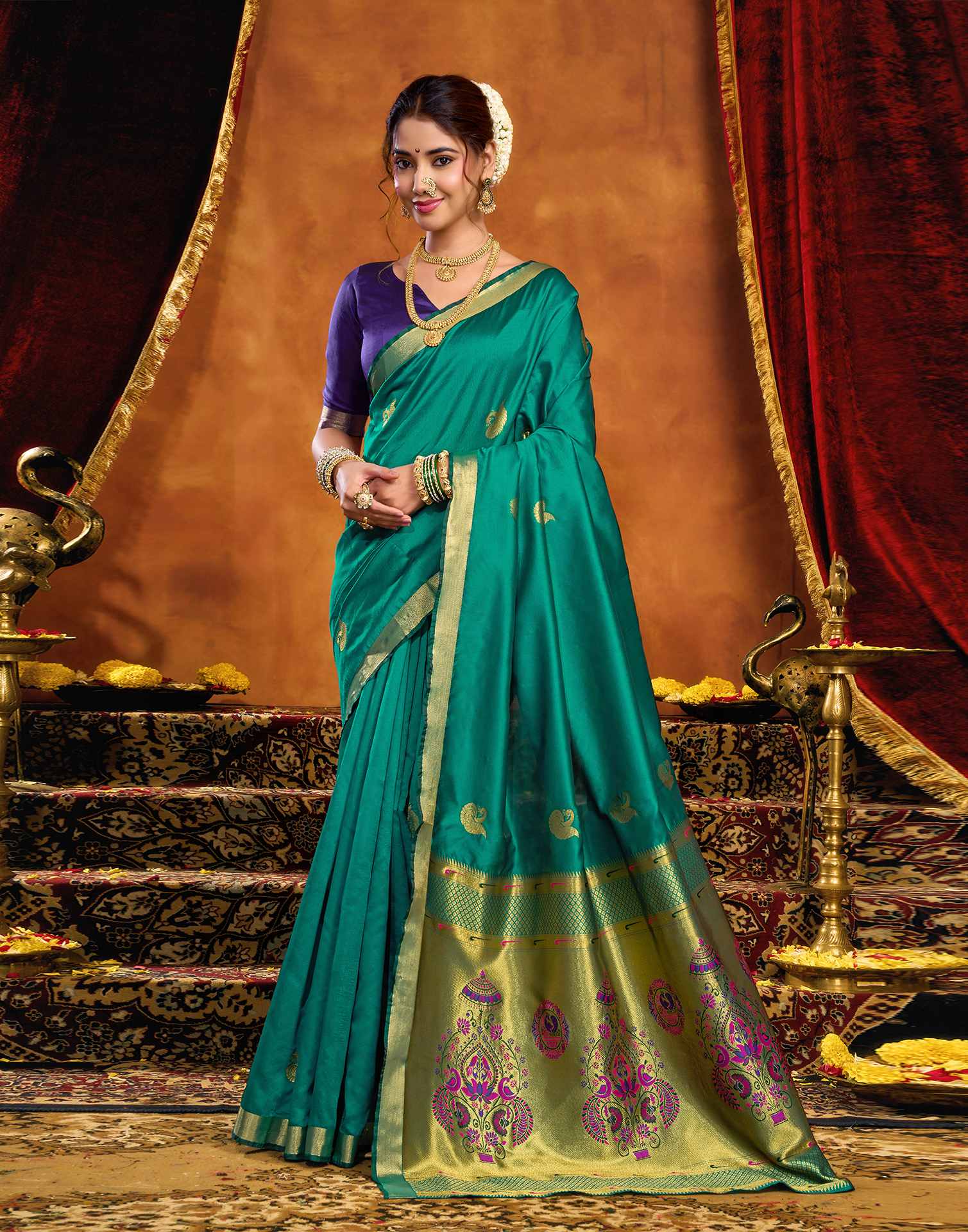 Teal Green Silk Woven Paithani Saree