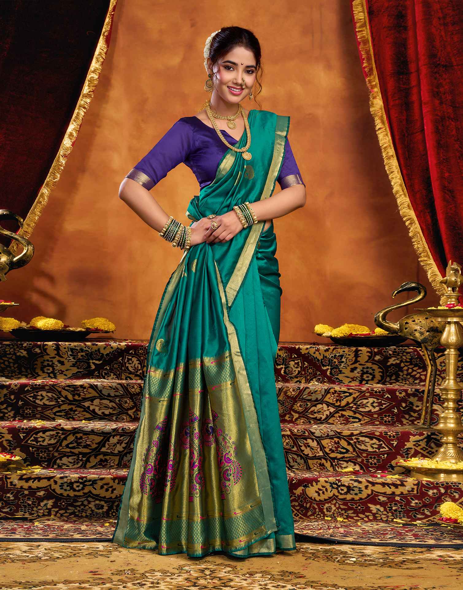 Teal Green Silk Woven Paithani Saree