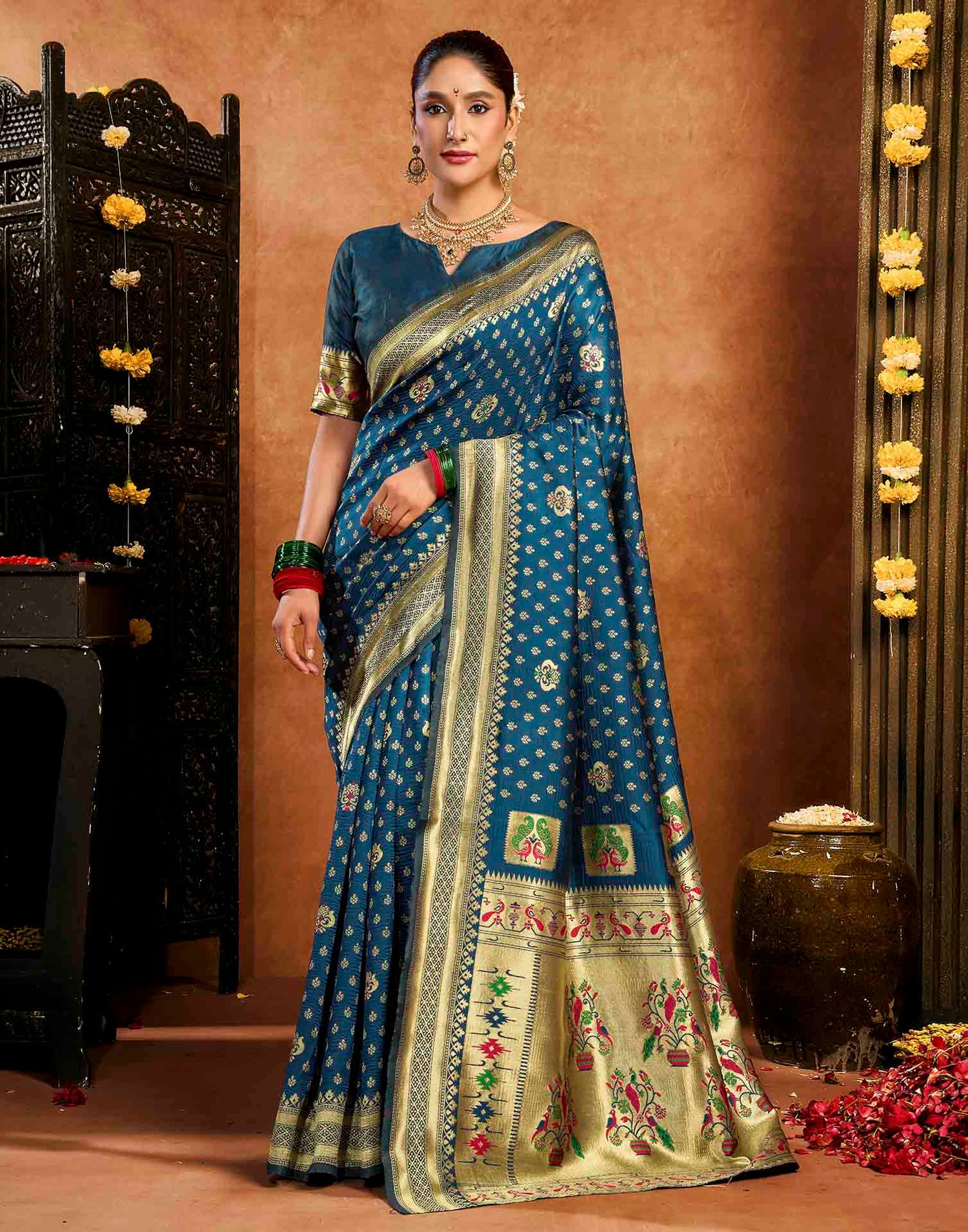Rama Blue Silk Woven Paithani Saree
