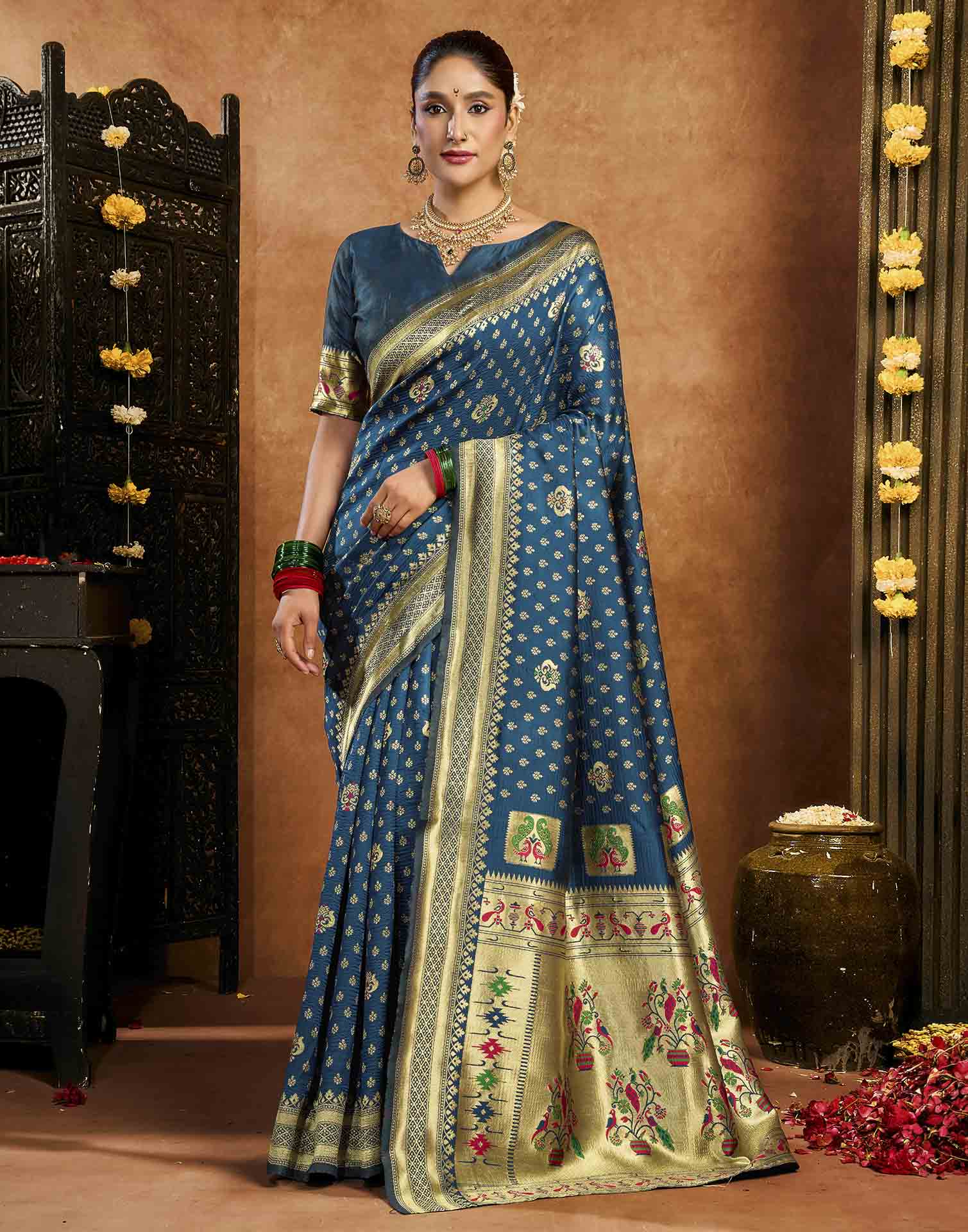 Rama Blue Silk Woven Paithani Saree