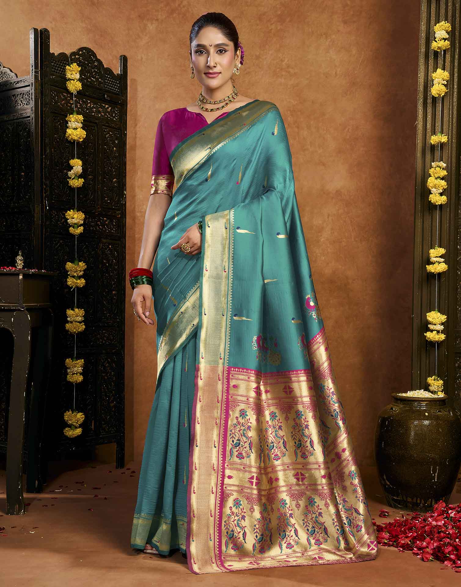 Turquoise Silk Woven Paithani Saree