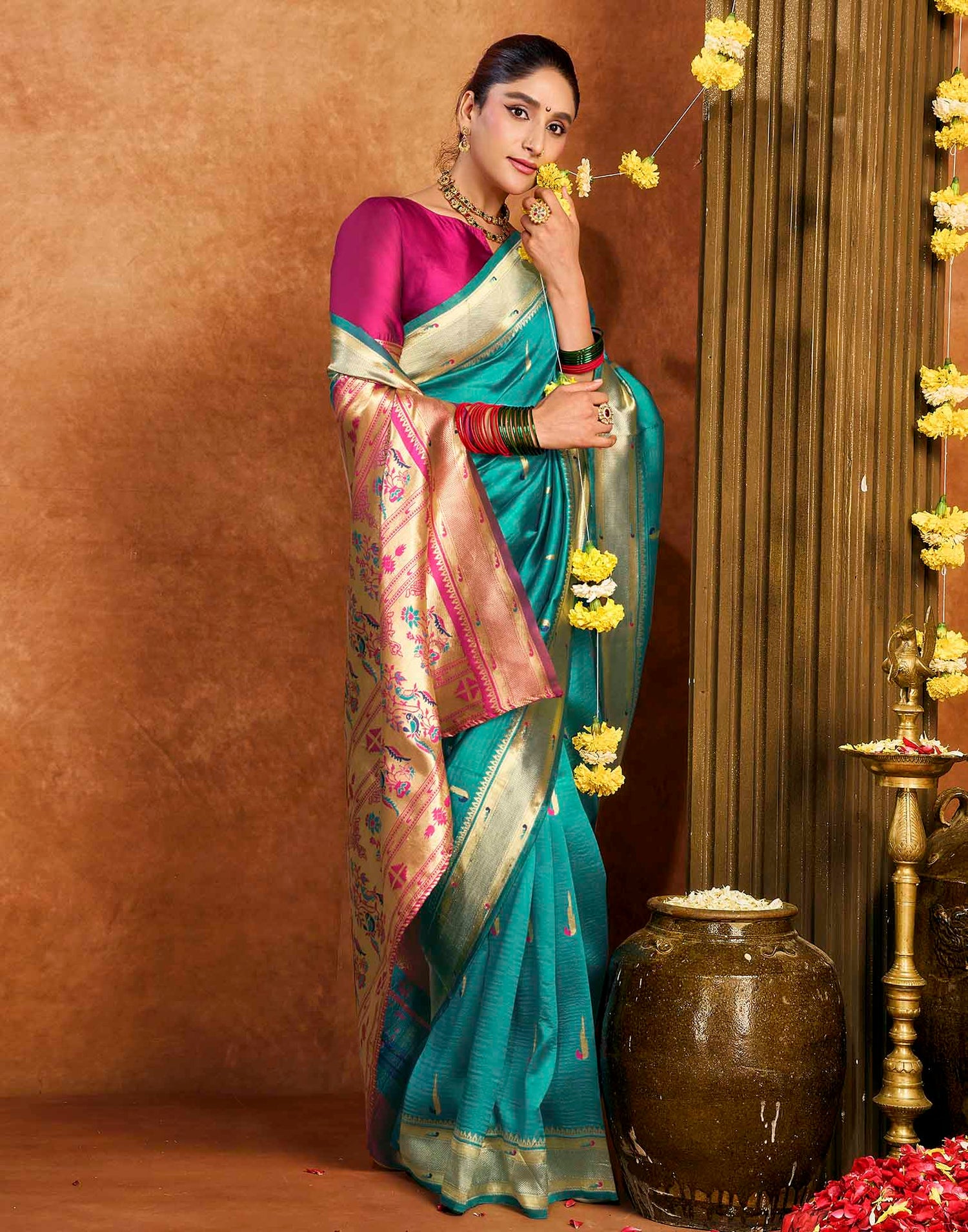 Turquoise Silk Woven Paithani Saree