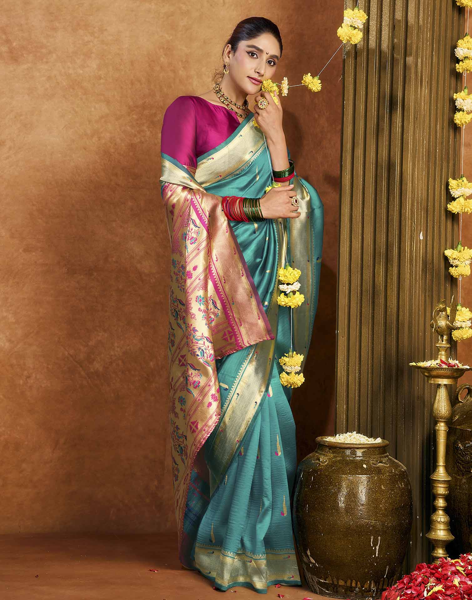 Turquoise Silk Woven Paithani Saree