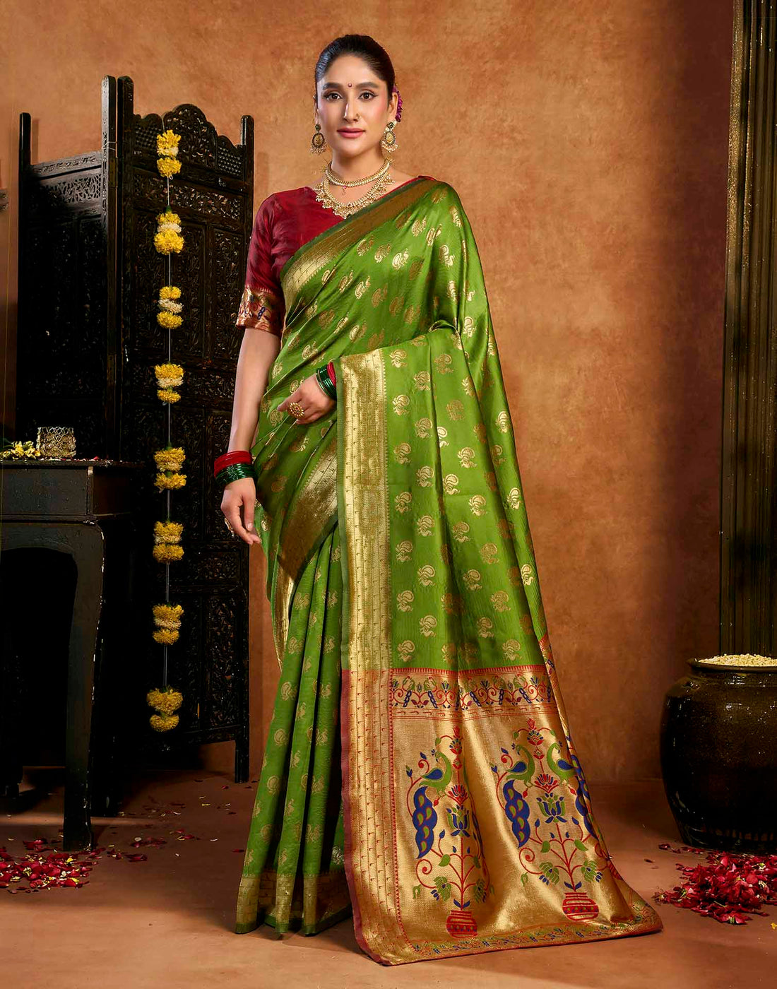Parrot Green Silk Woven Paithani Saree