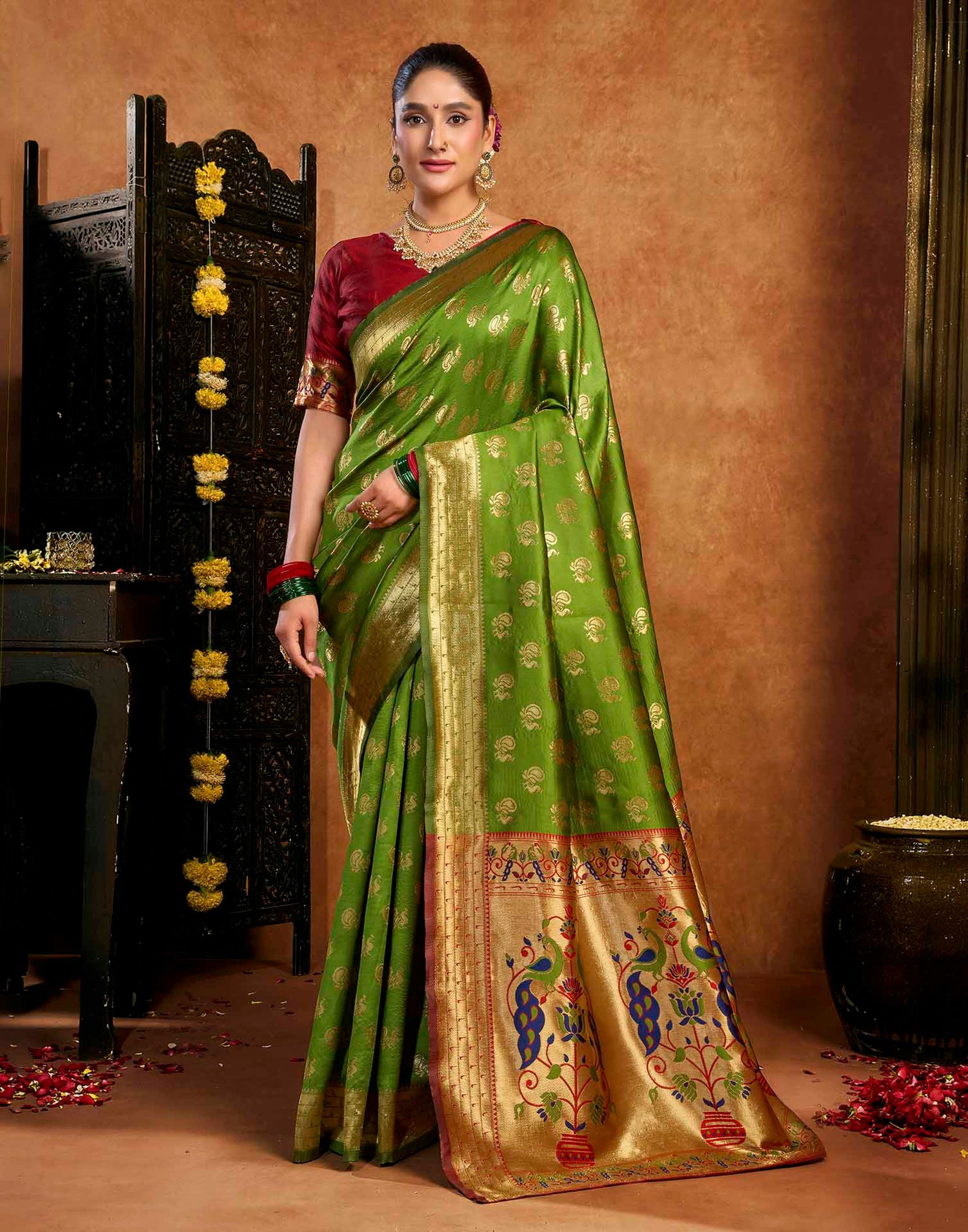 Parrot Green Silk Woven Paithani Saree