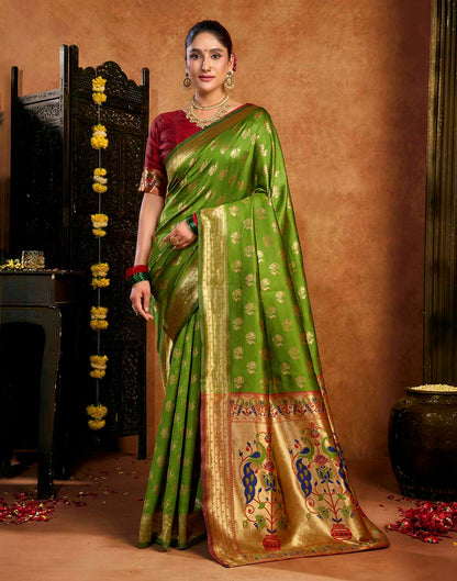 Parrot Green Silk Woven Paithani Saree