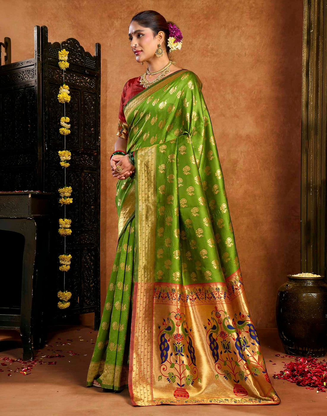 Parrot Green Silk Woven Paithani Saree