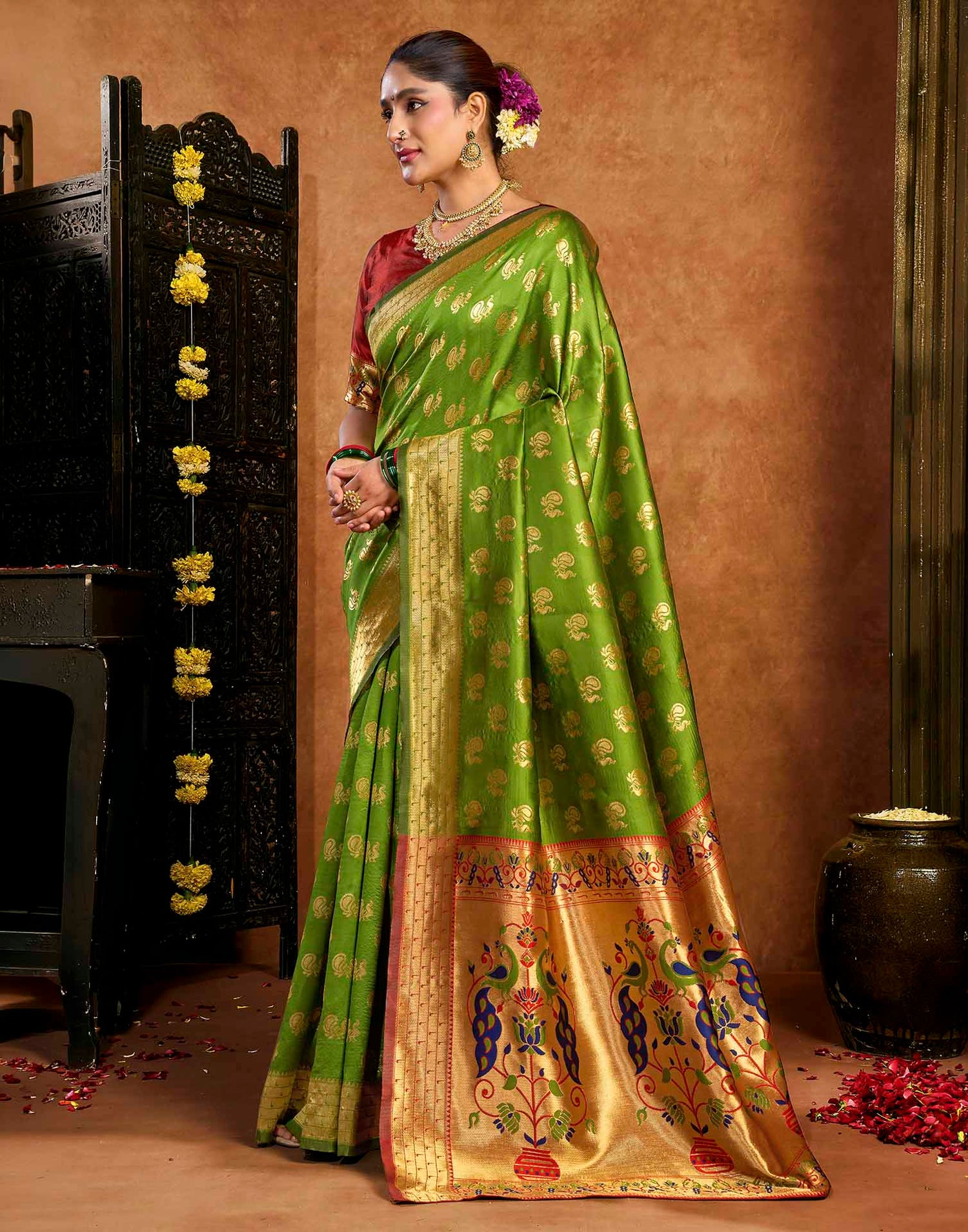 Parrot Green Silk Woven Paithani Saree