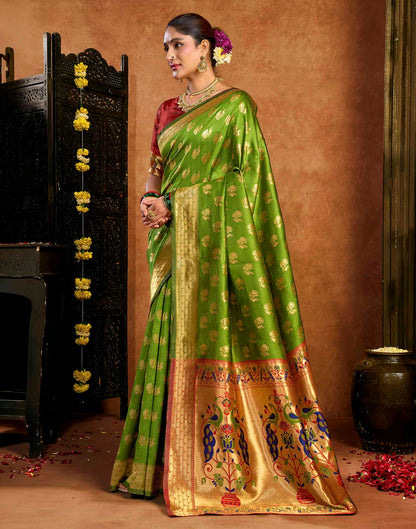 Parrot Green Silk Woven Paithani Saree
