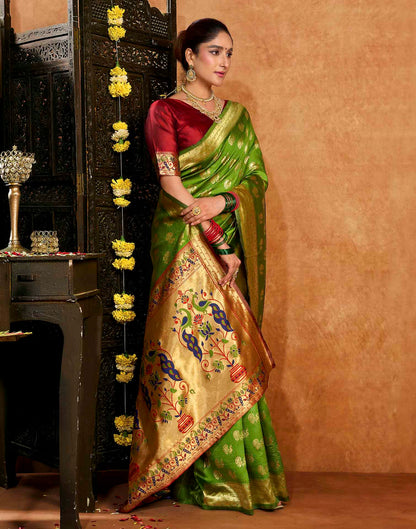 Parrot Green Silk Woven Paithani Saree