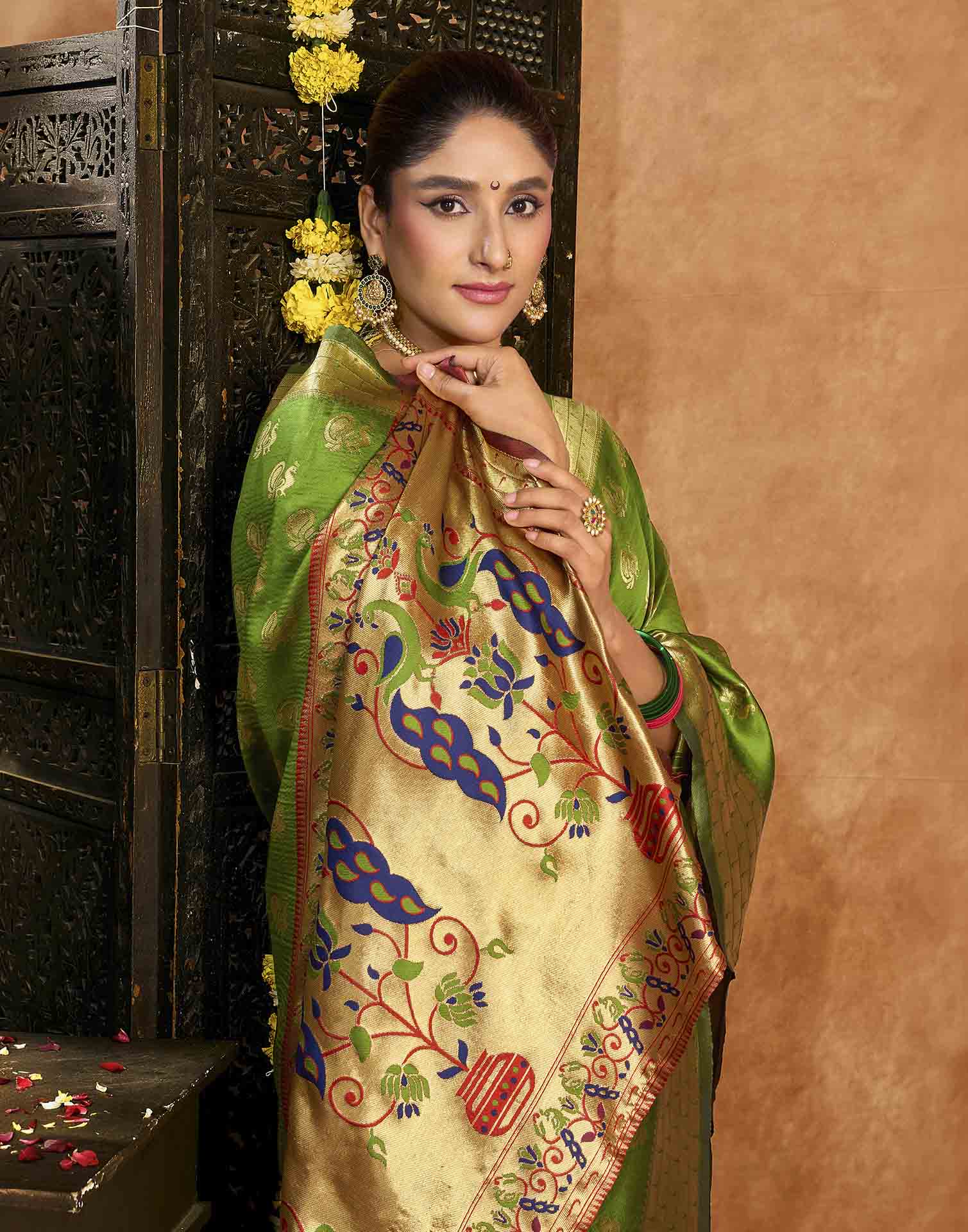 Parrot Green Silk Woven Paithani Saree