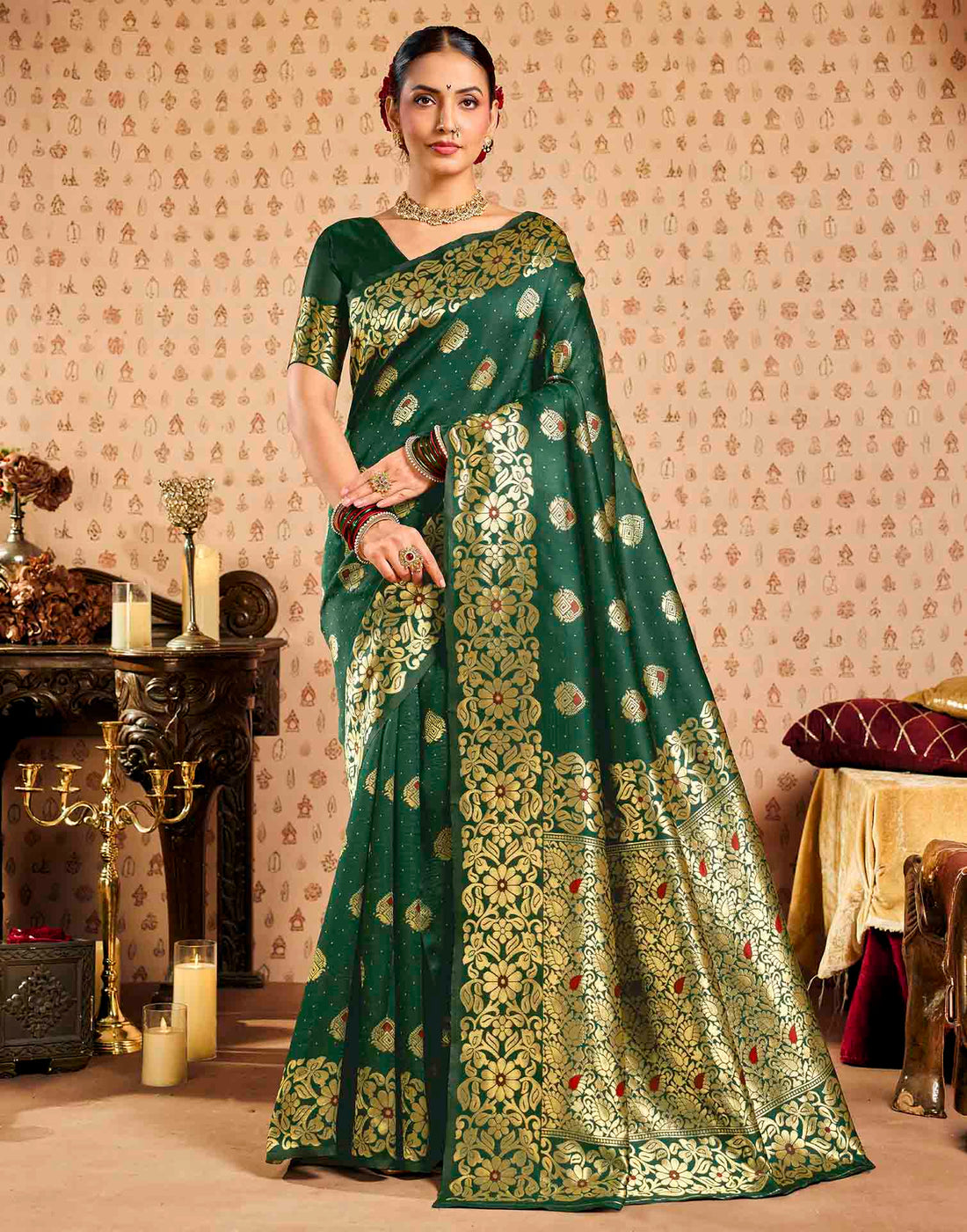 Dark Green Silk Woven Banarasi Saree