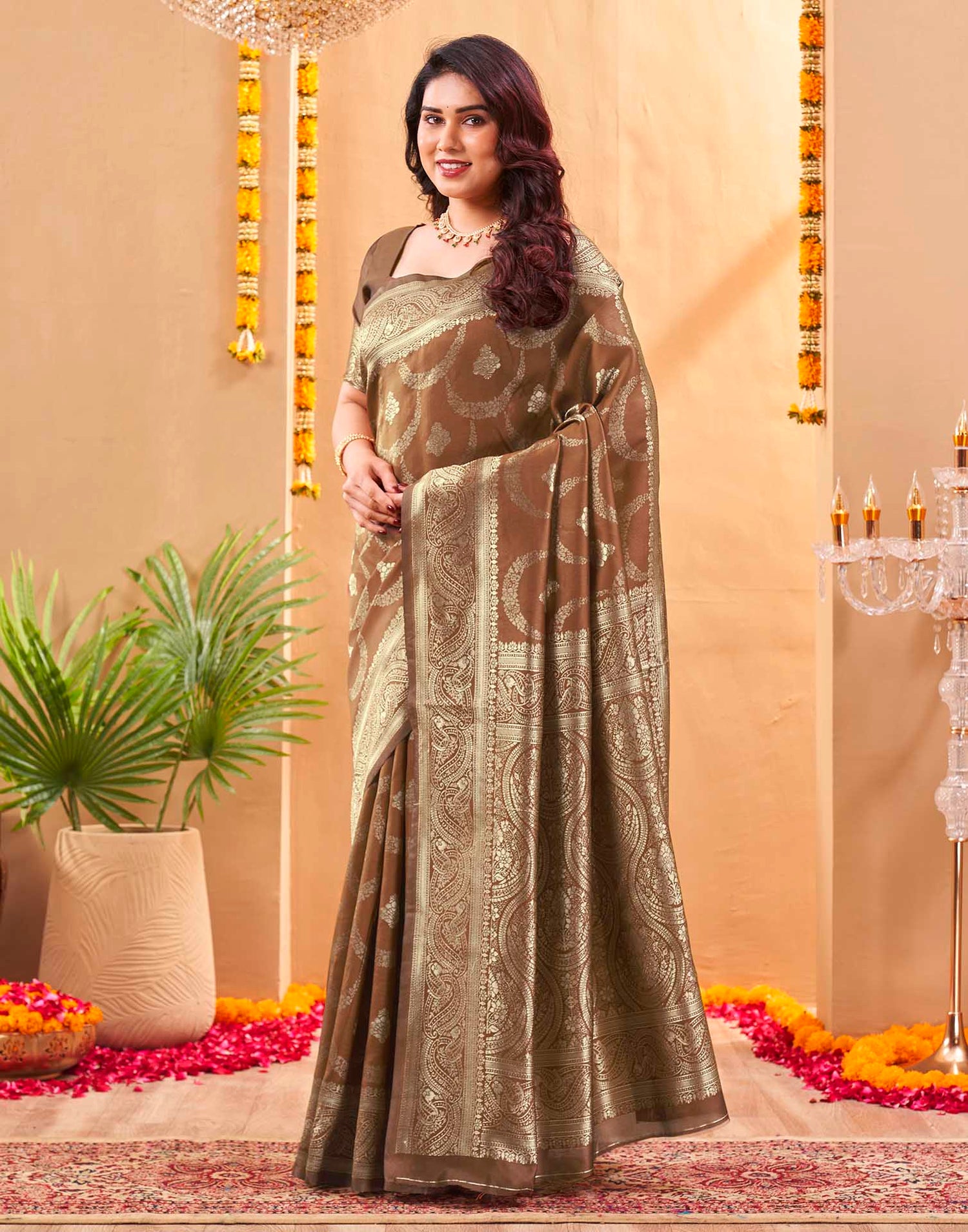 Brown Silk Woven Banarasi Saree