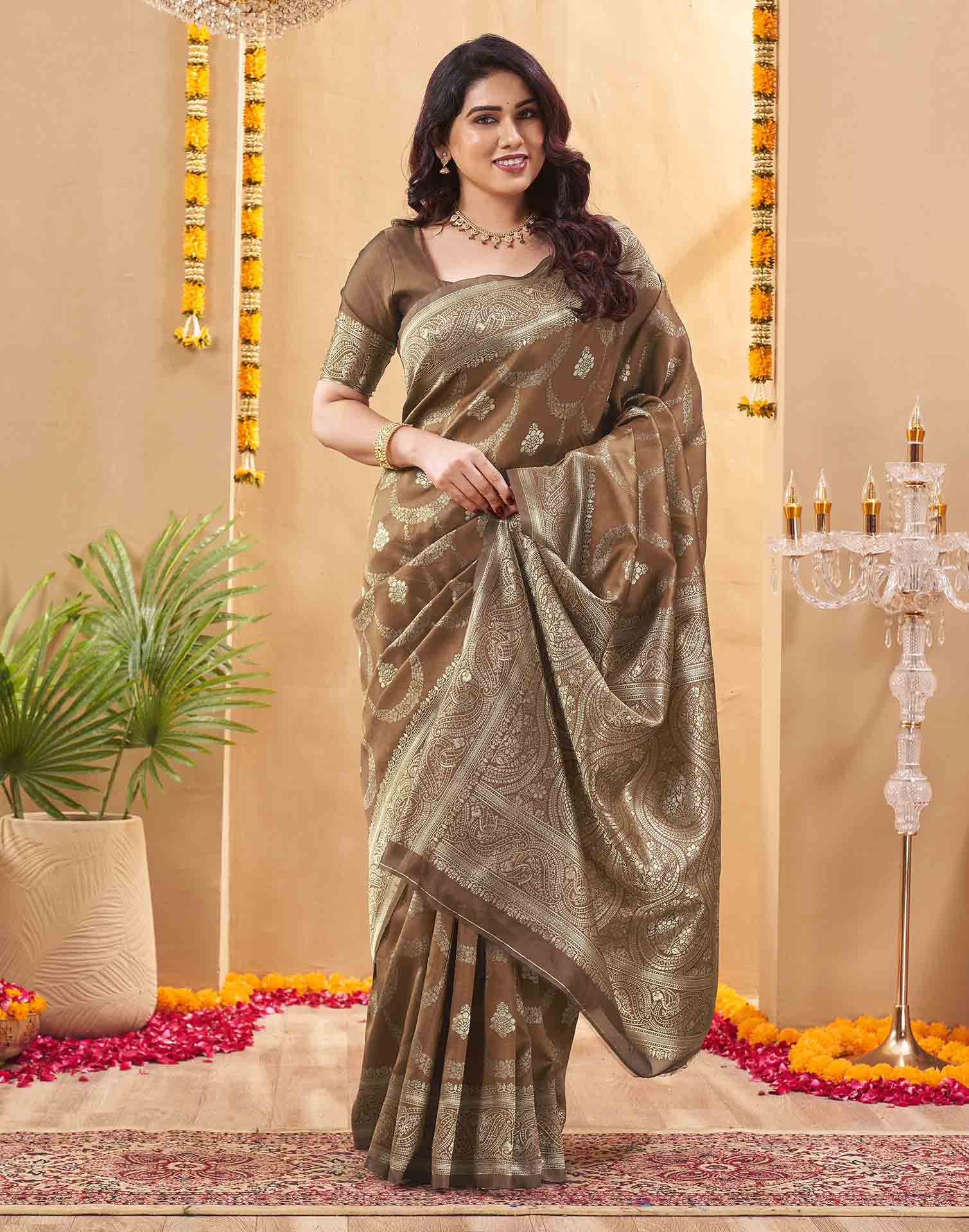Brown Silk Woven Banarasi Saree
