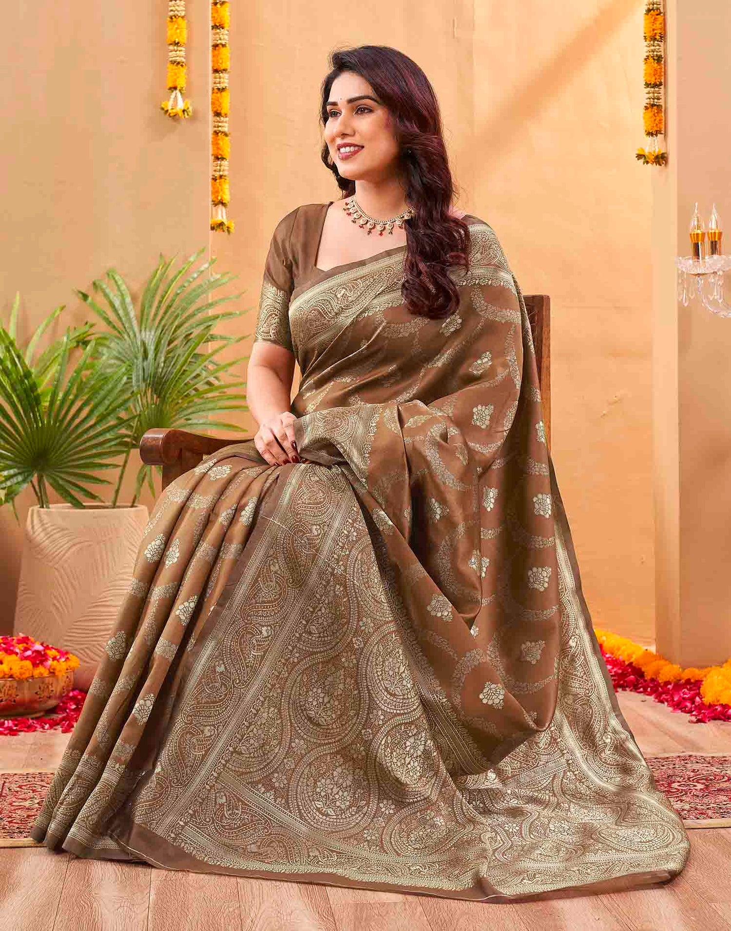 Brown Silk Woven Banarasi Saree