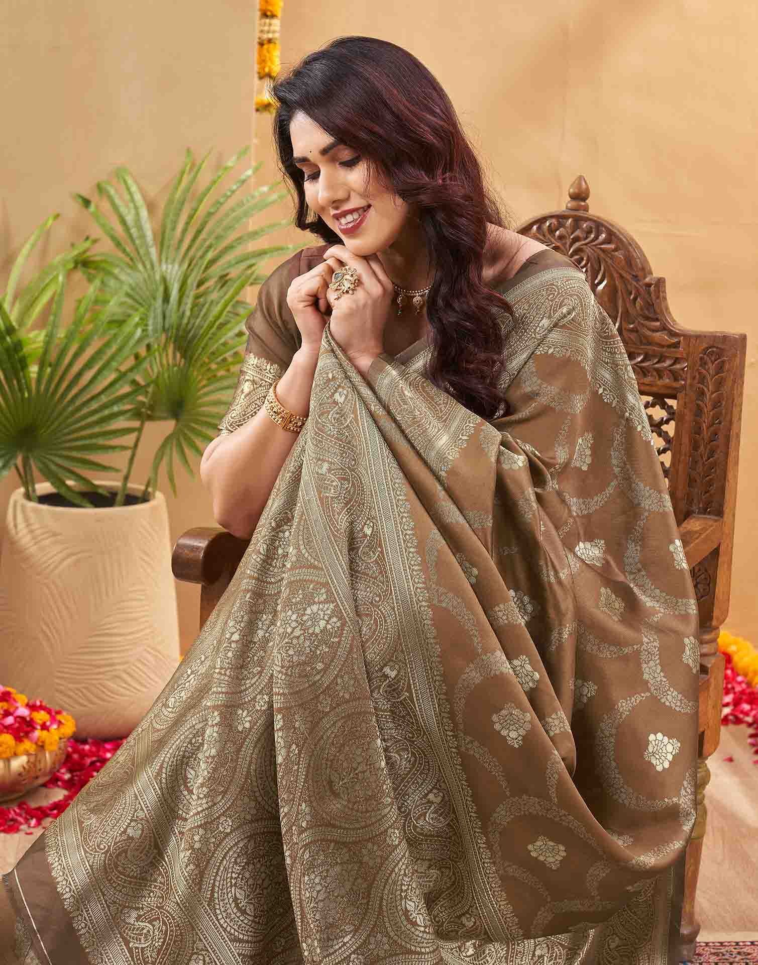 Brown Silk Woven Banarasi Saree