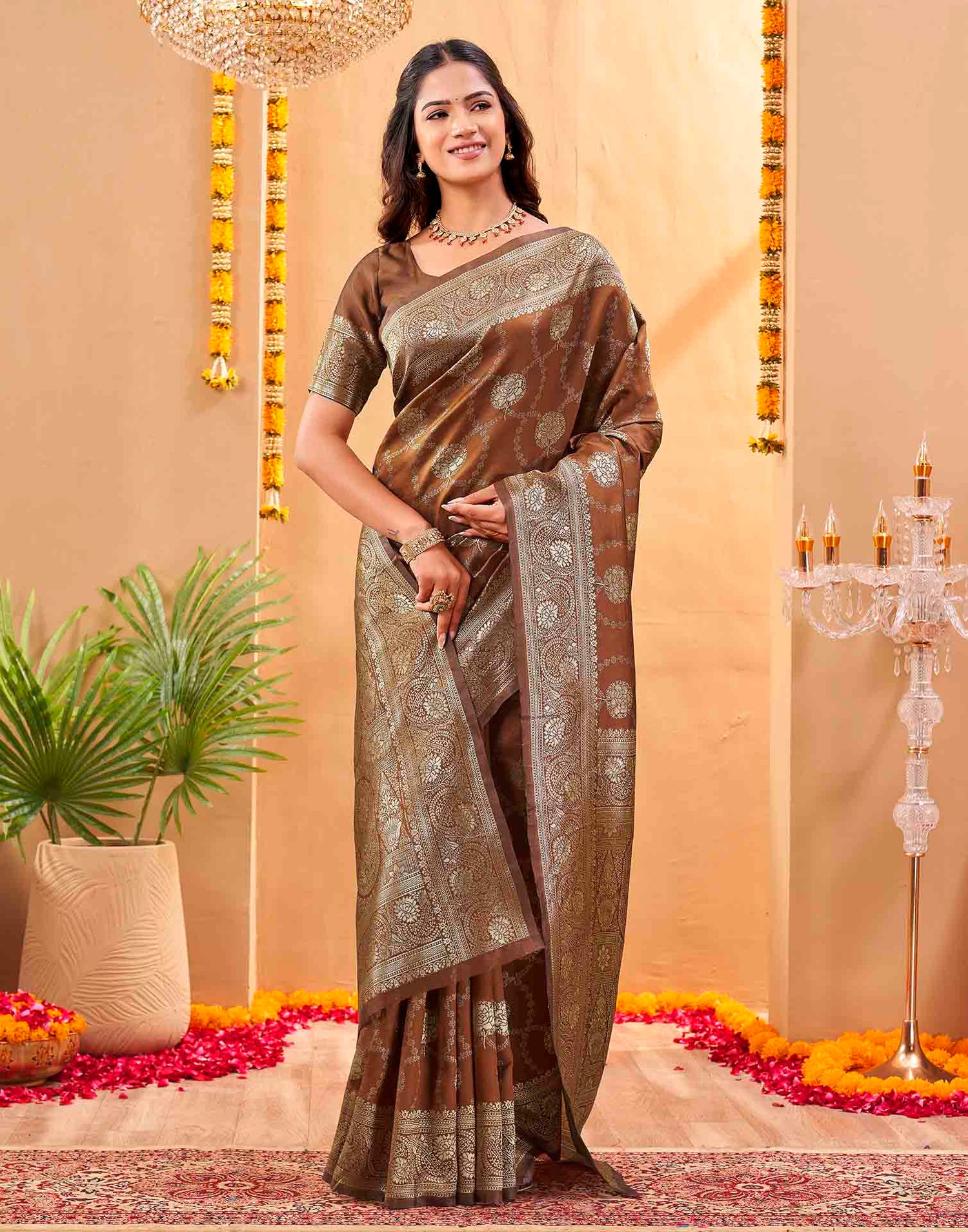 Brown Silk Woven Banarasi Saree