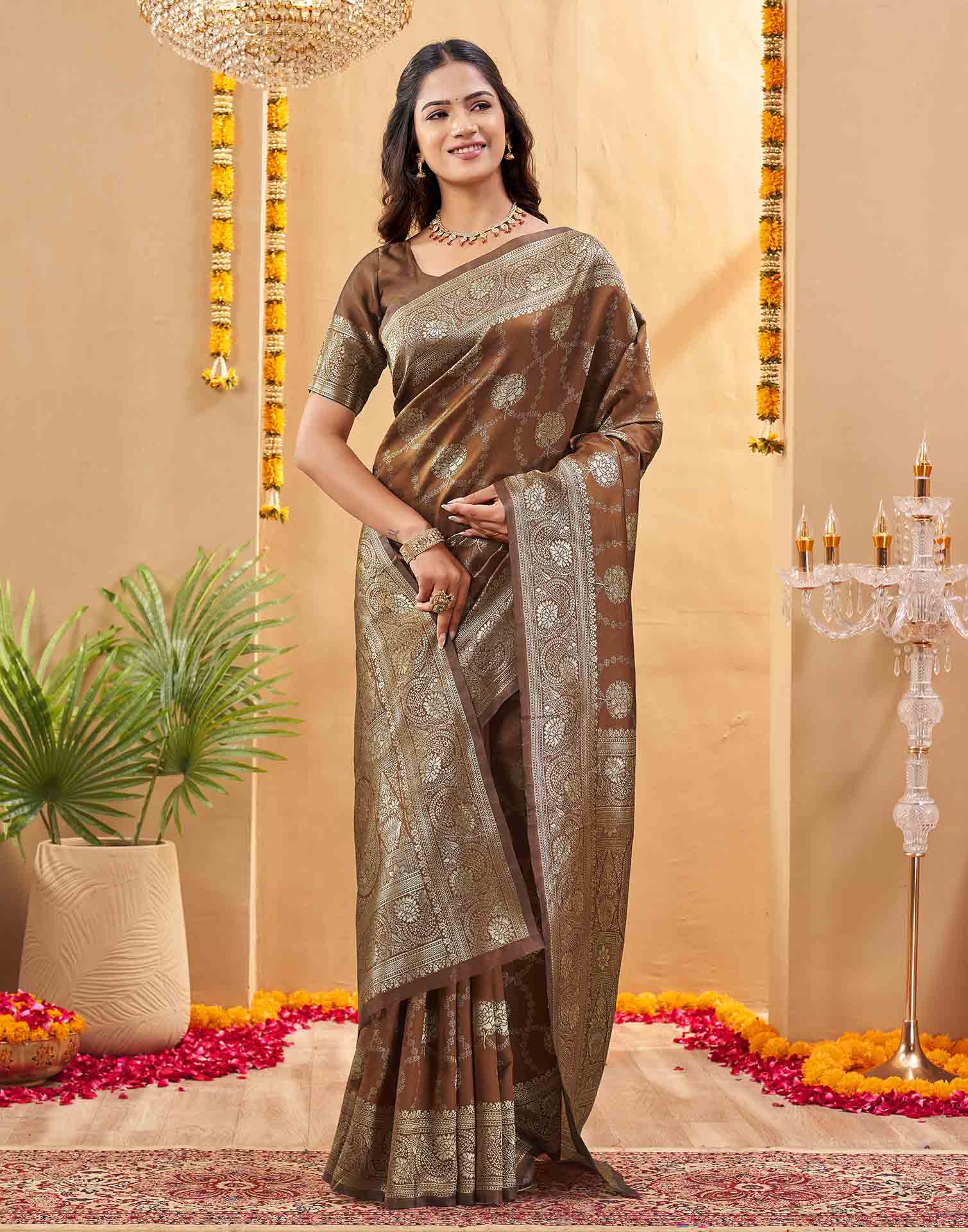 Brown Silk Woven Banarasi Saree
