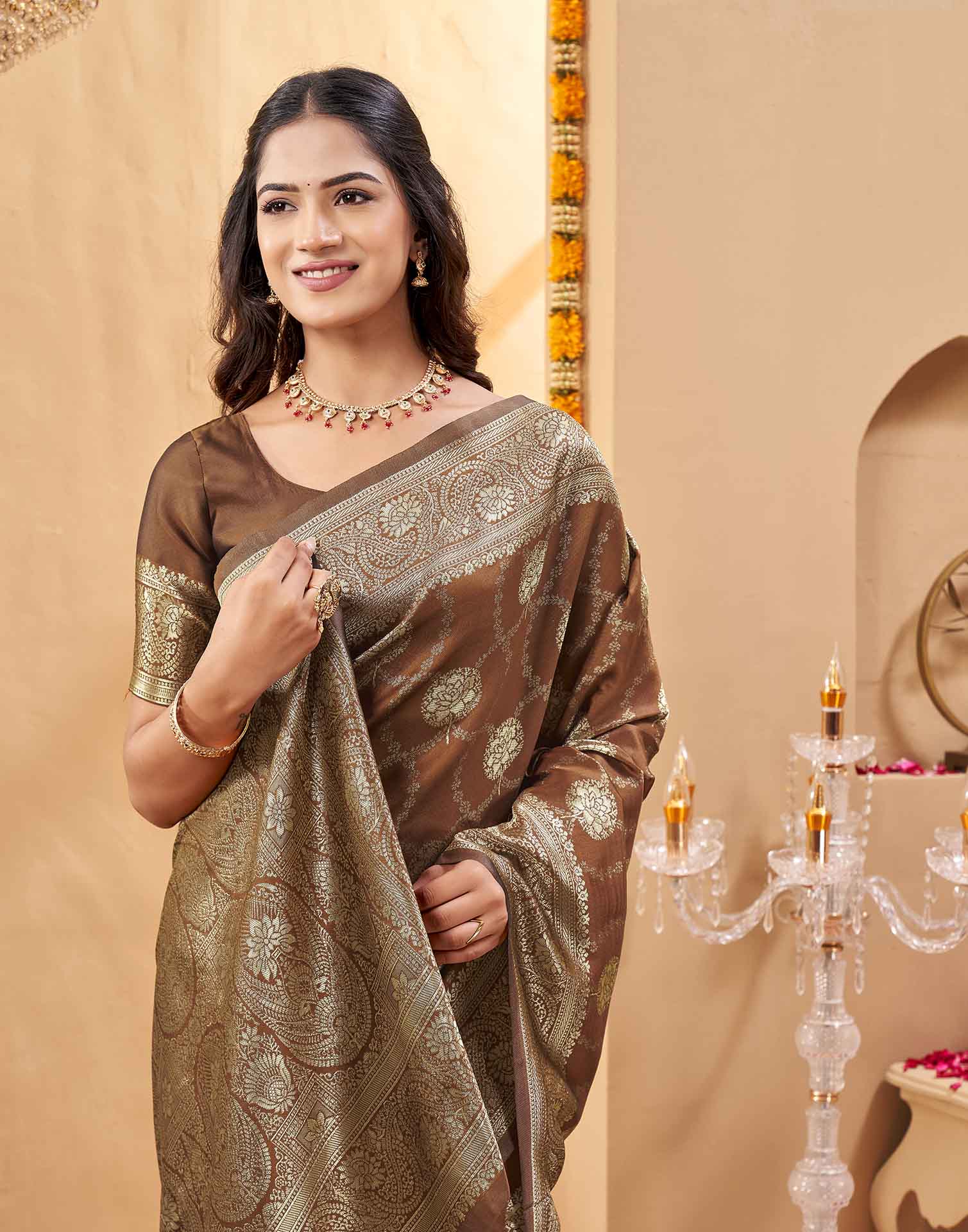 Brown Silk Woven Banarasi Saree
