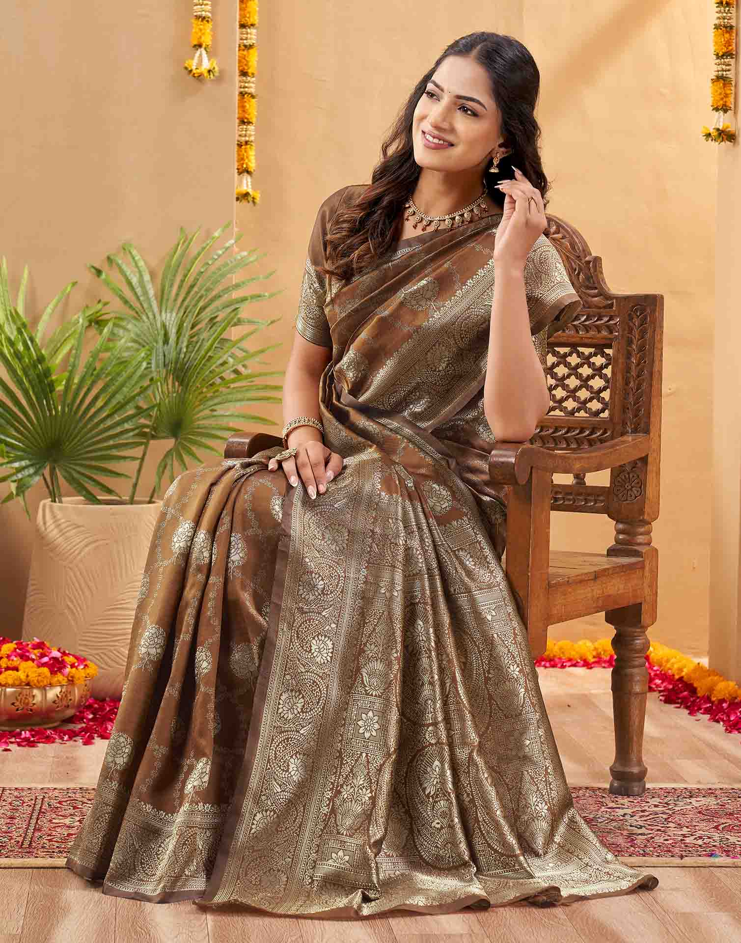 Brown Silk Woven Banarasi Saree