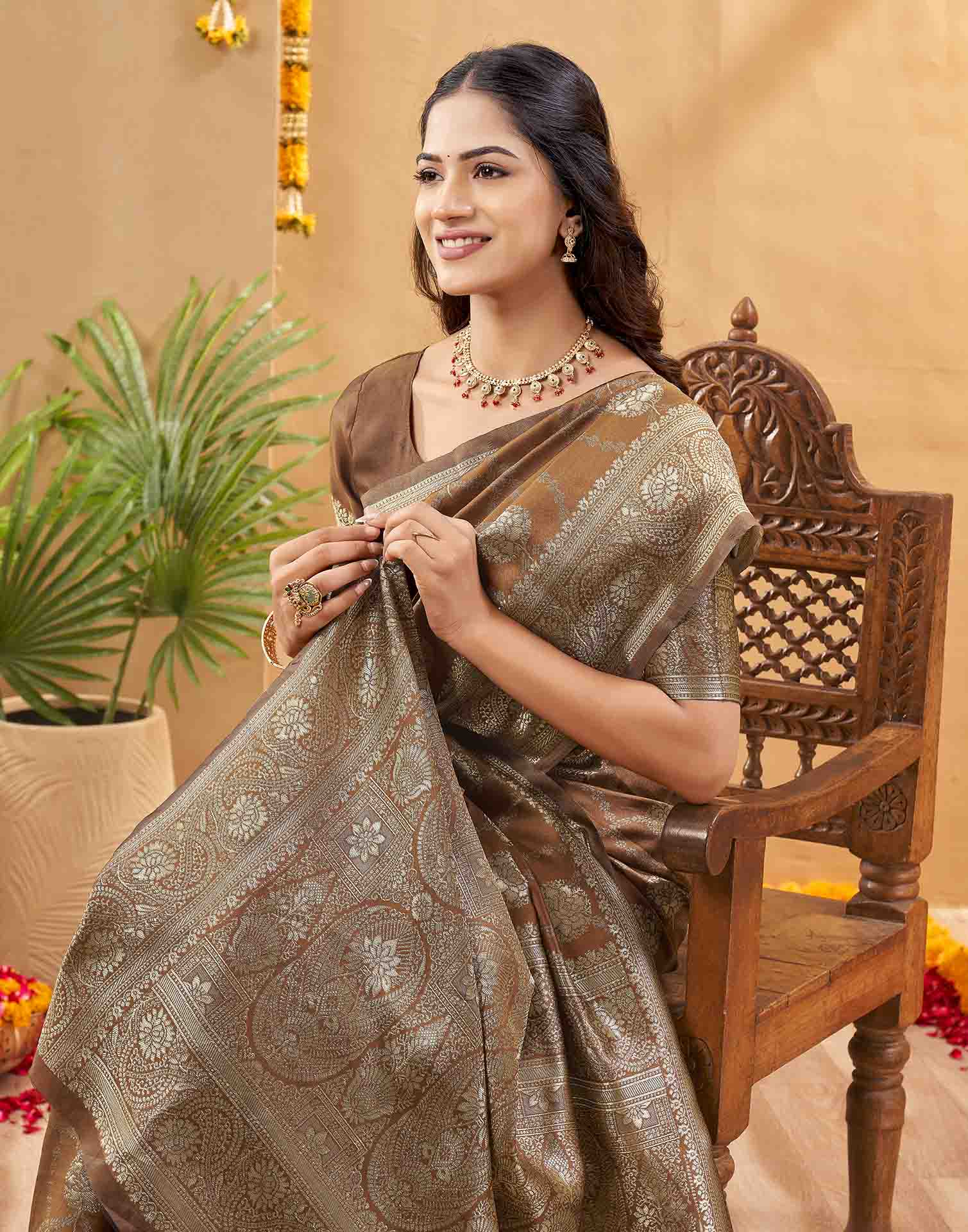 Brown Silk Woven Banarasi Saree