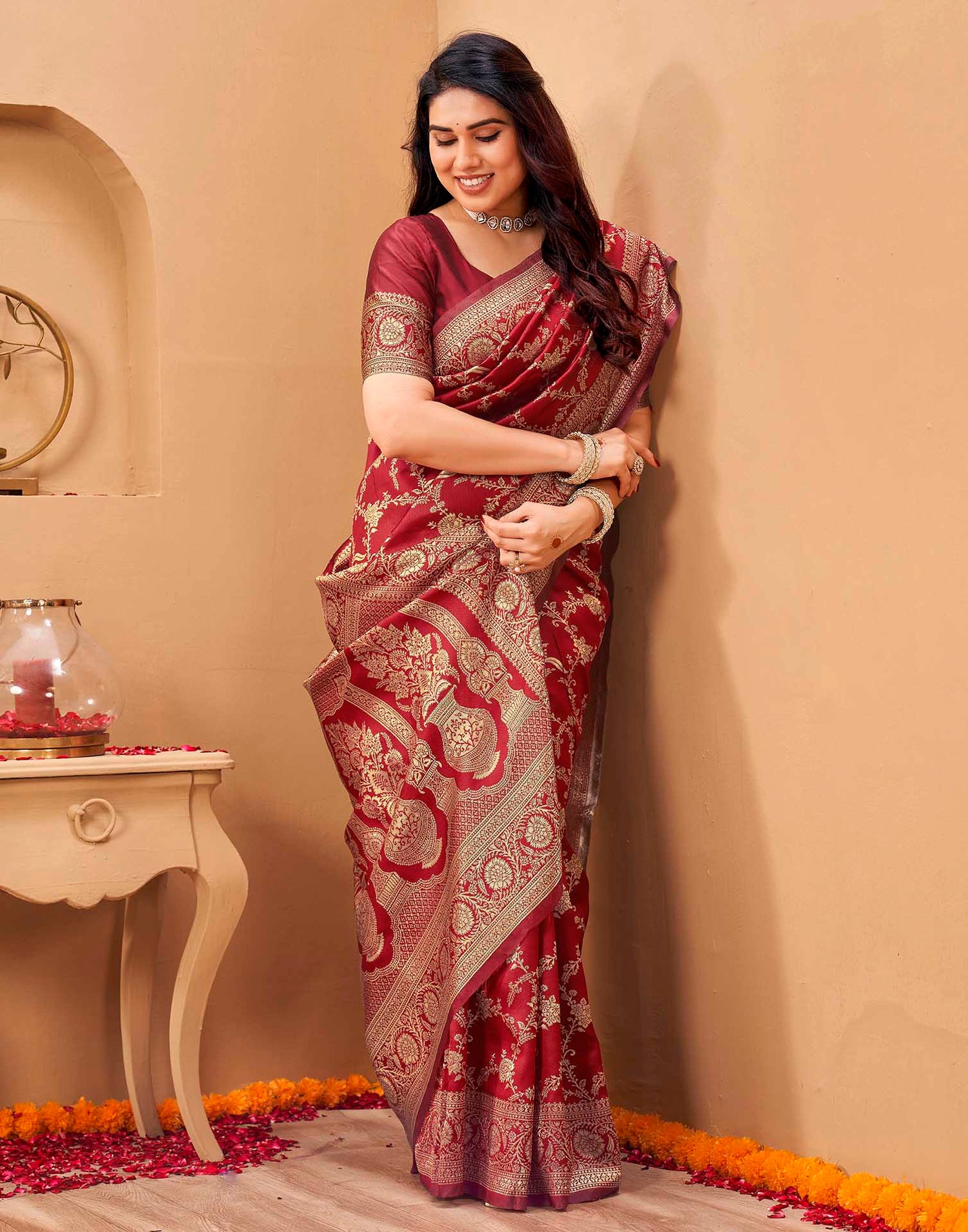 Maroon Silk Woven Banarasi Saree