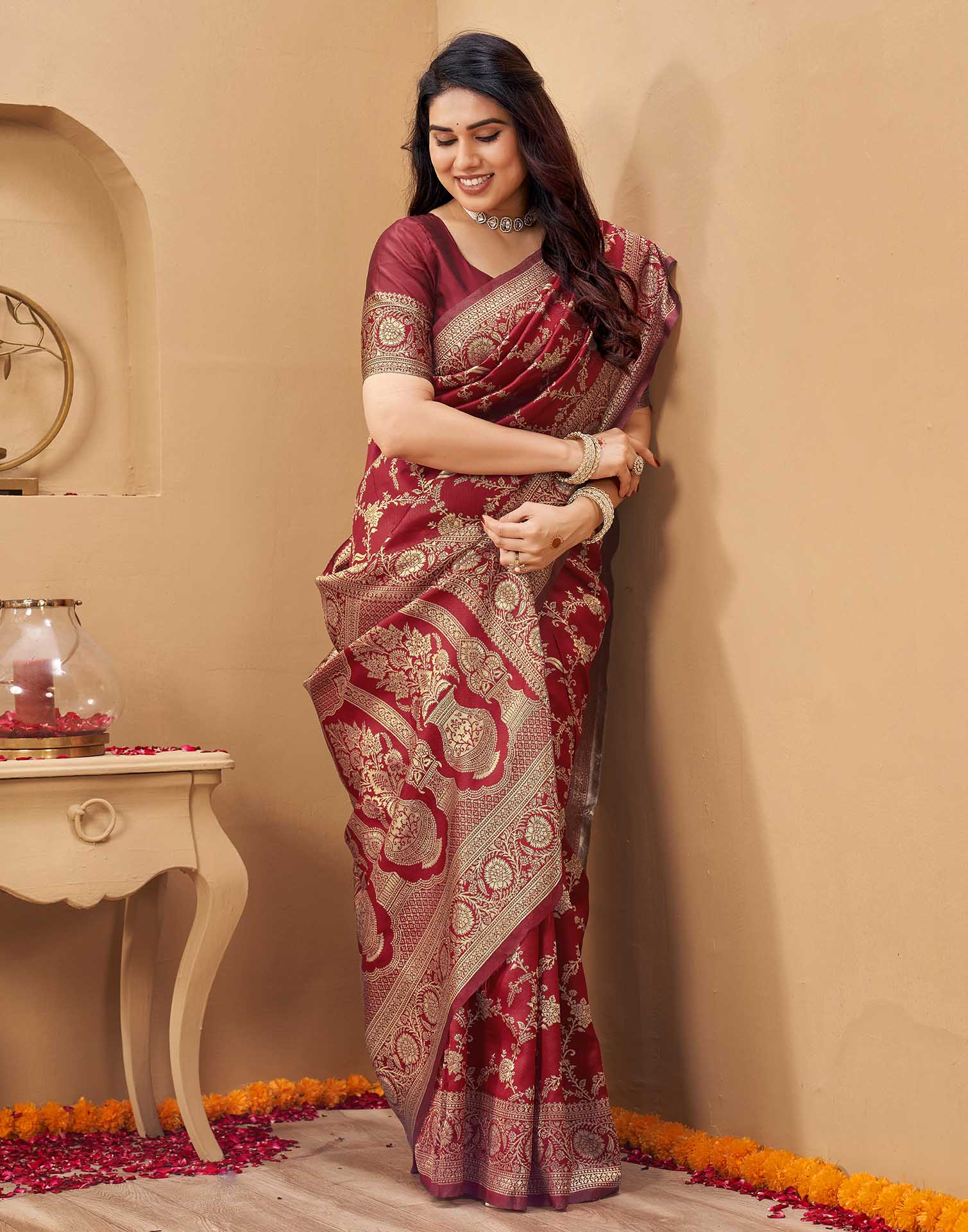 Maroon Silk Woven Banarasi Saree