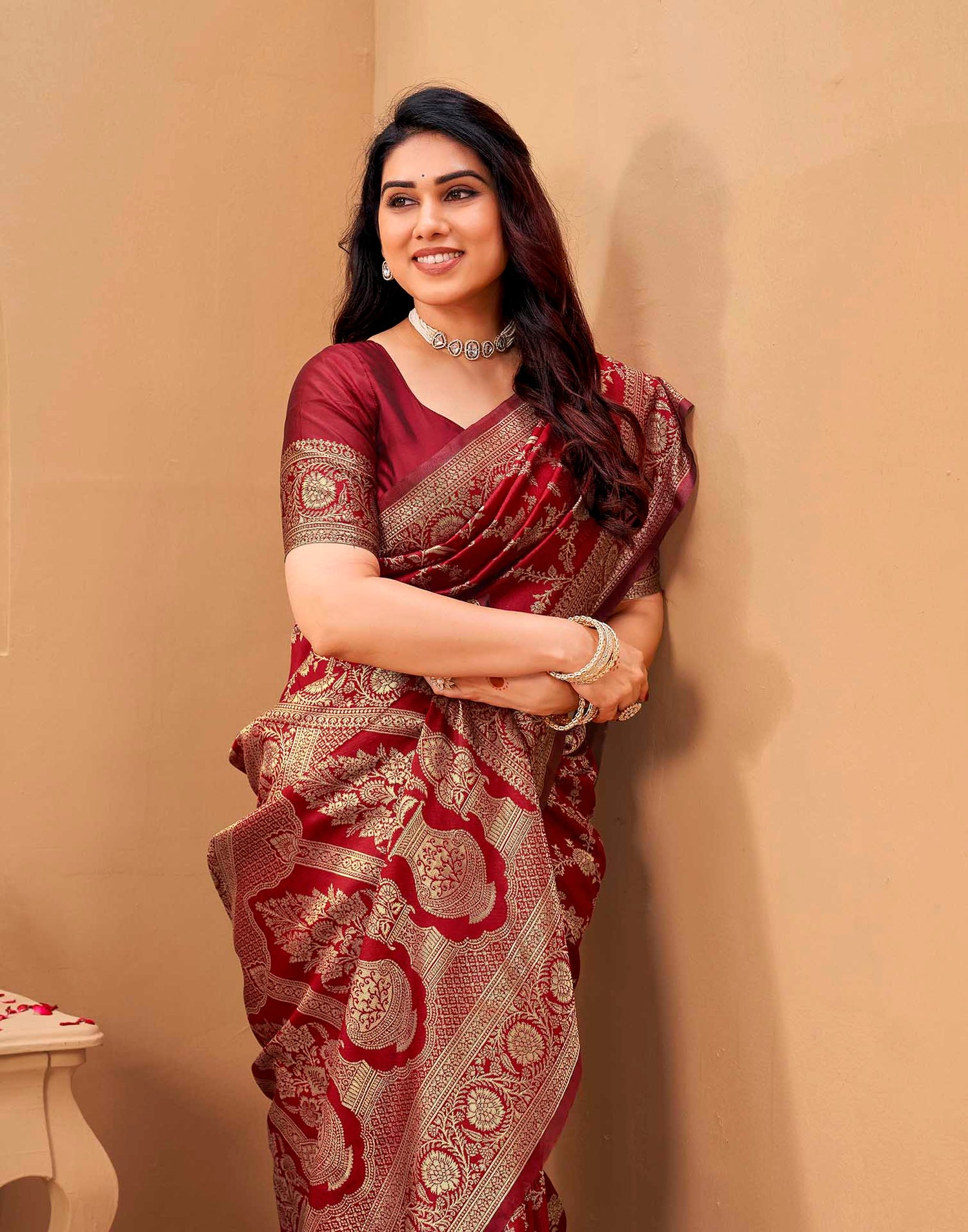 Maroon Silk Woven Banarasi Saree