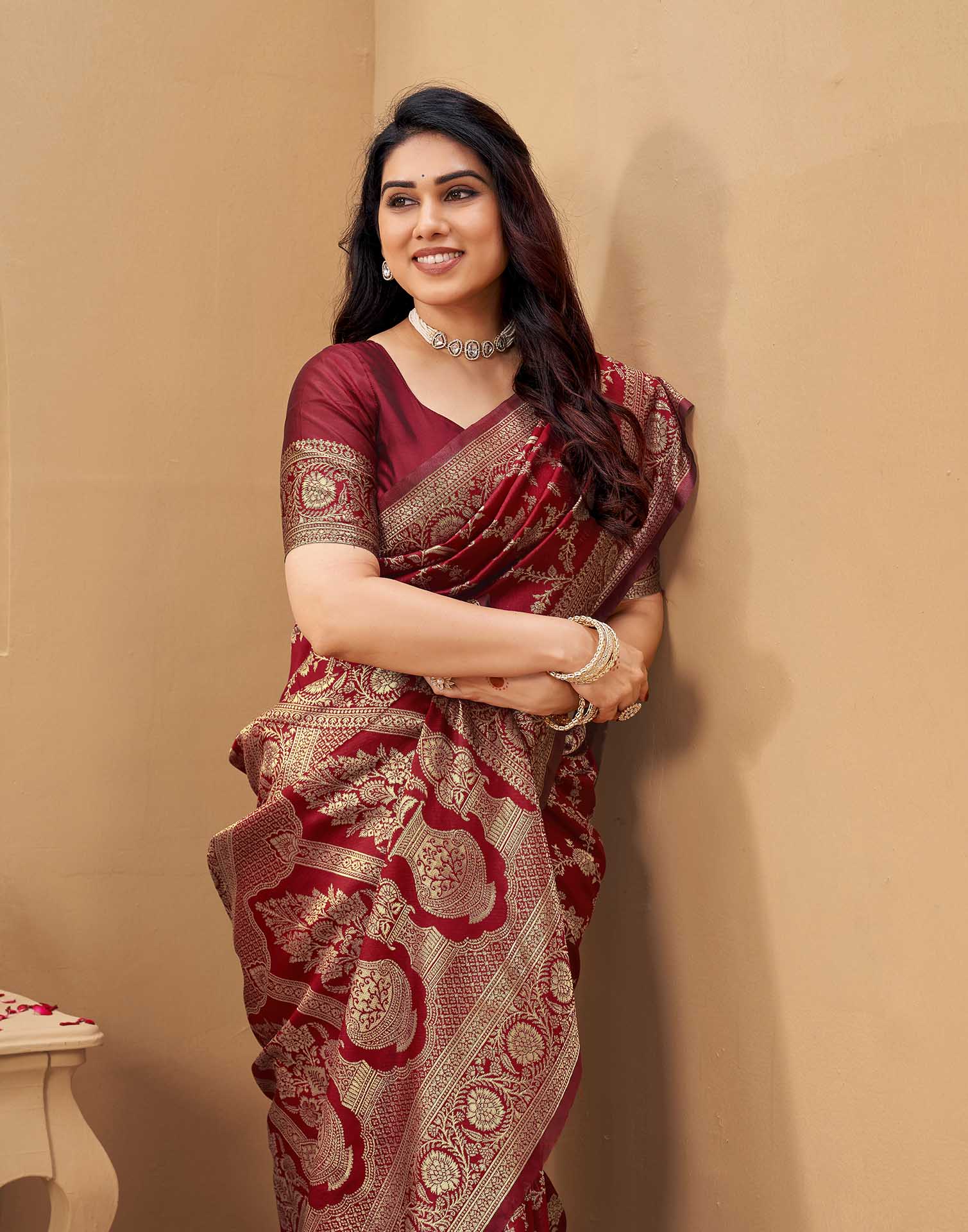 Maroon Silk Woven Banarasi Saree