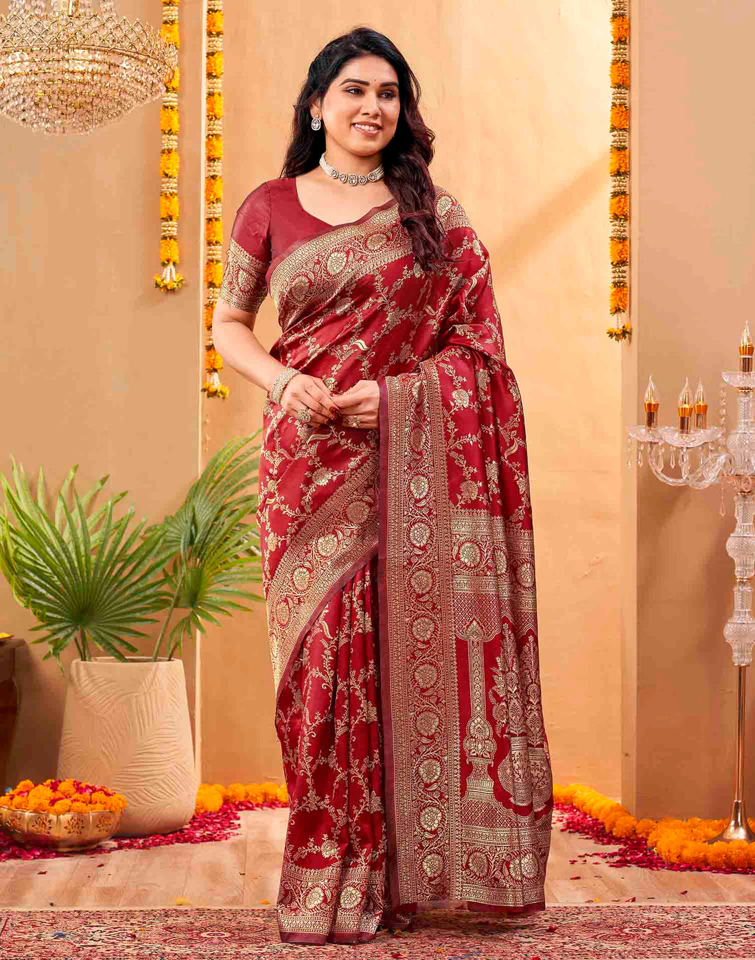 Maroon Silk Woven Banarasi Saree