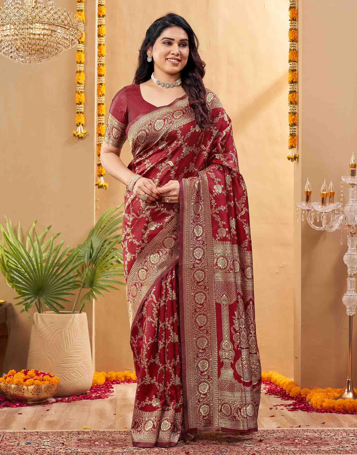 Maroon Silk Woven Banarasi Saree