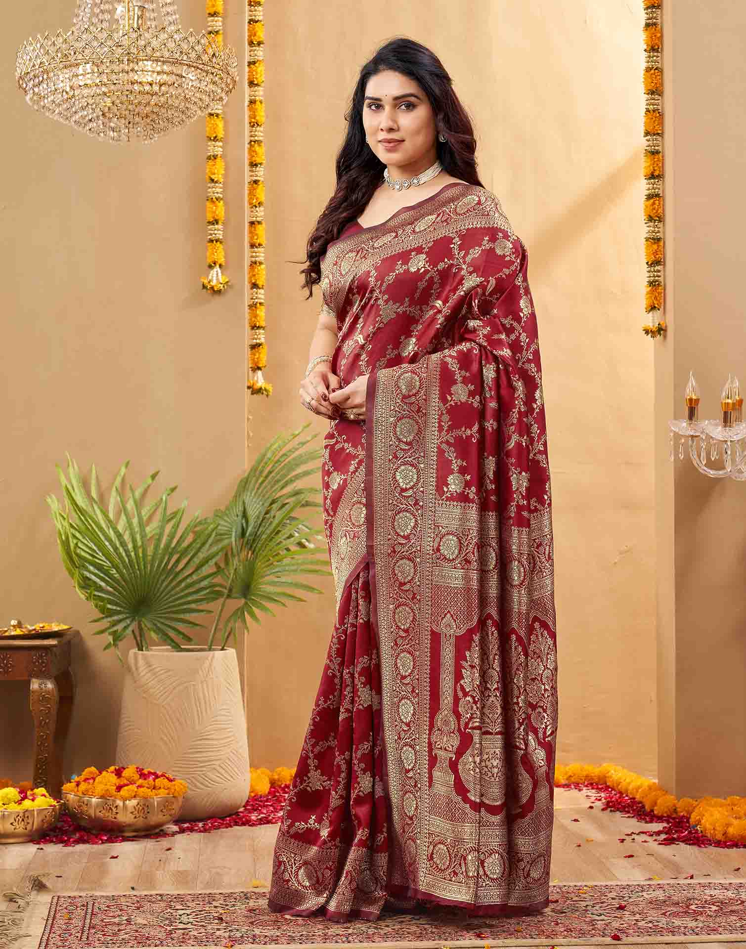 Maroon Silk Woven Banarasi Saree