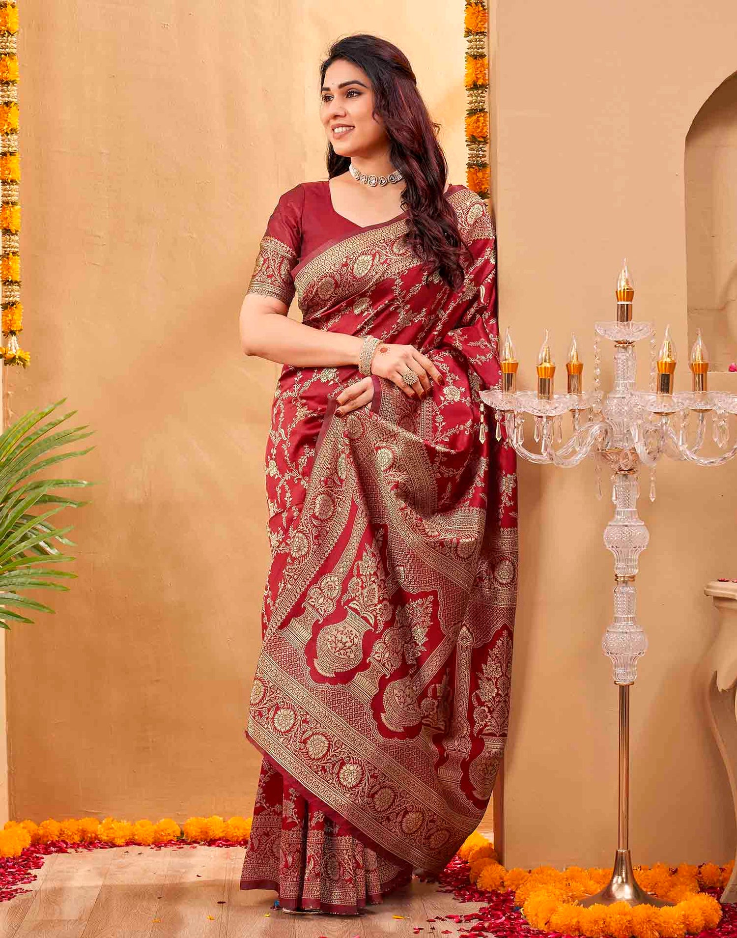 Maroon Silk Woven Banarasi Saree