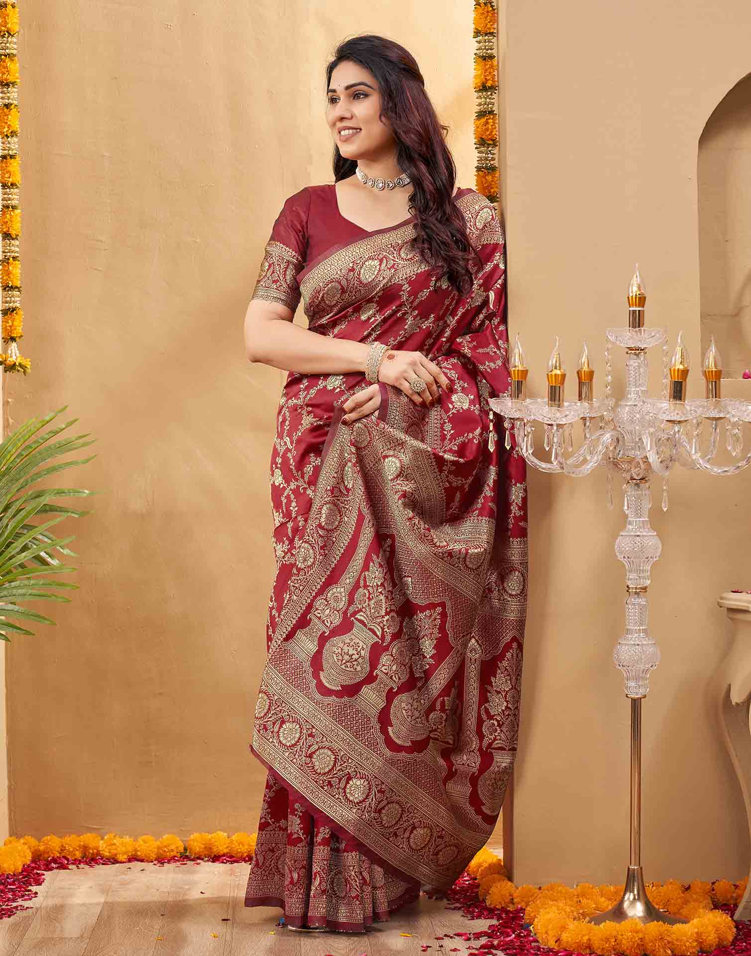 Maroon Silk Woven Banarasi Saree