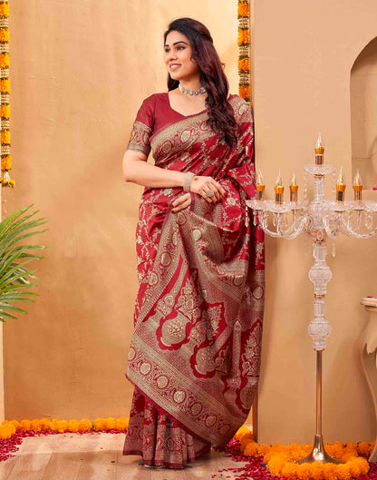 Maroon Silk Woven Banarasi Saree