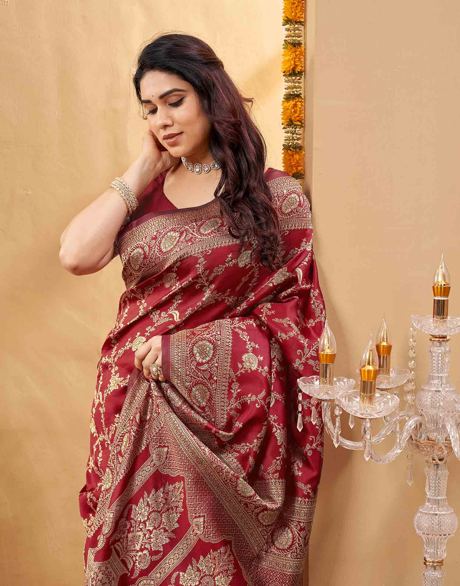 Maroon Silk Woven Banarasi Saree