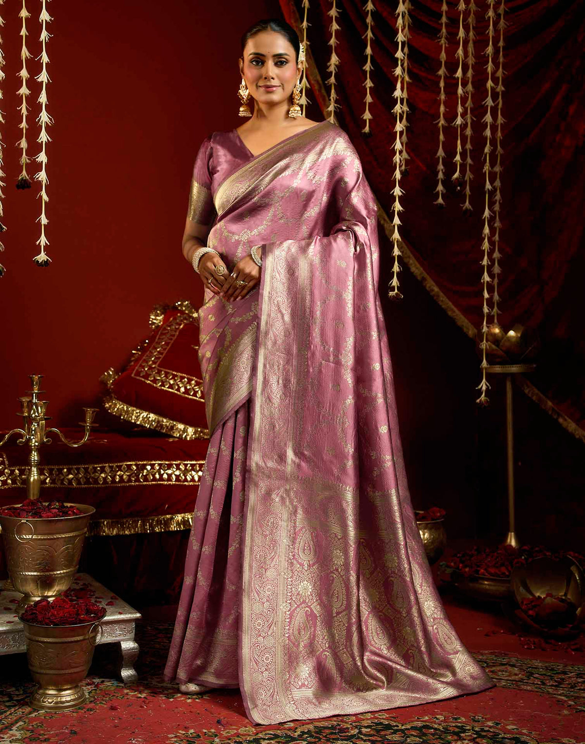 Dusty Rose Pink Silk Woven Banarasi Saree