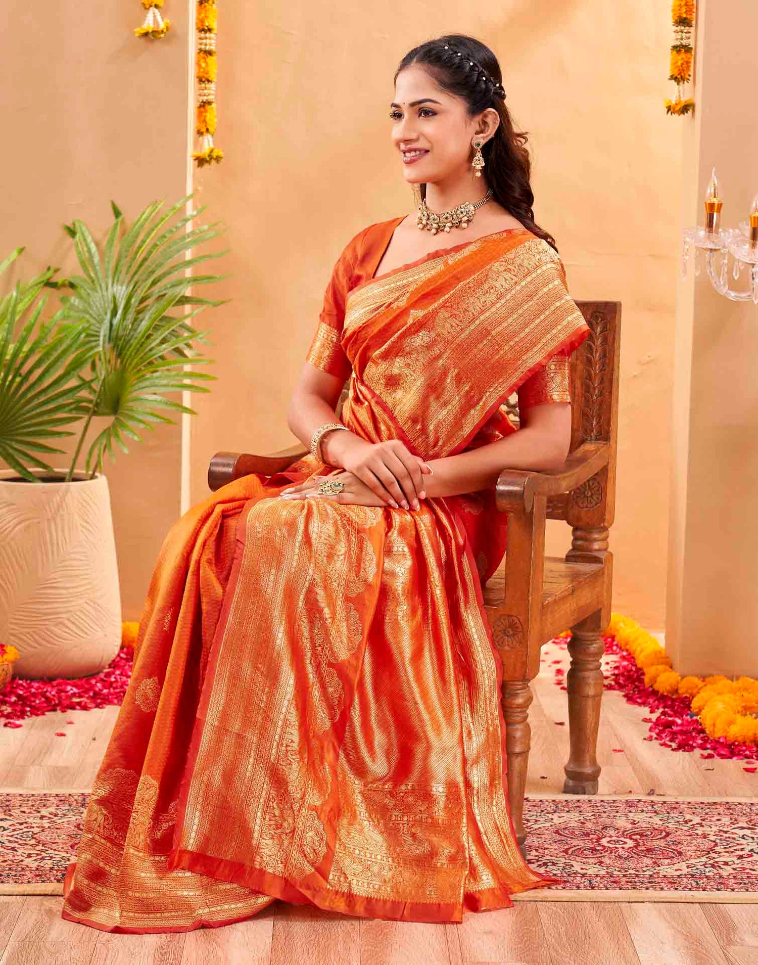 Orange Silk Woven Banarasi Saree