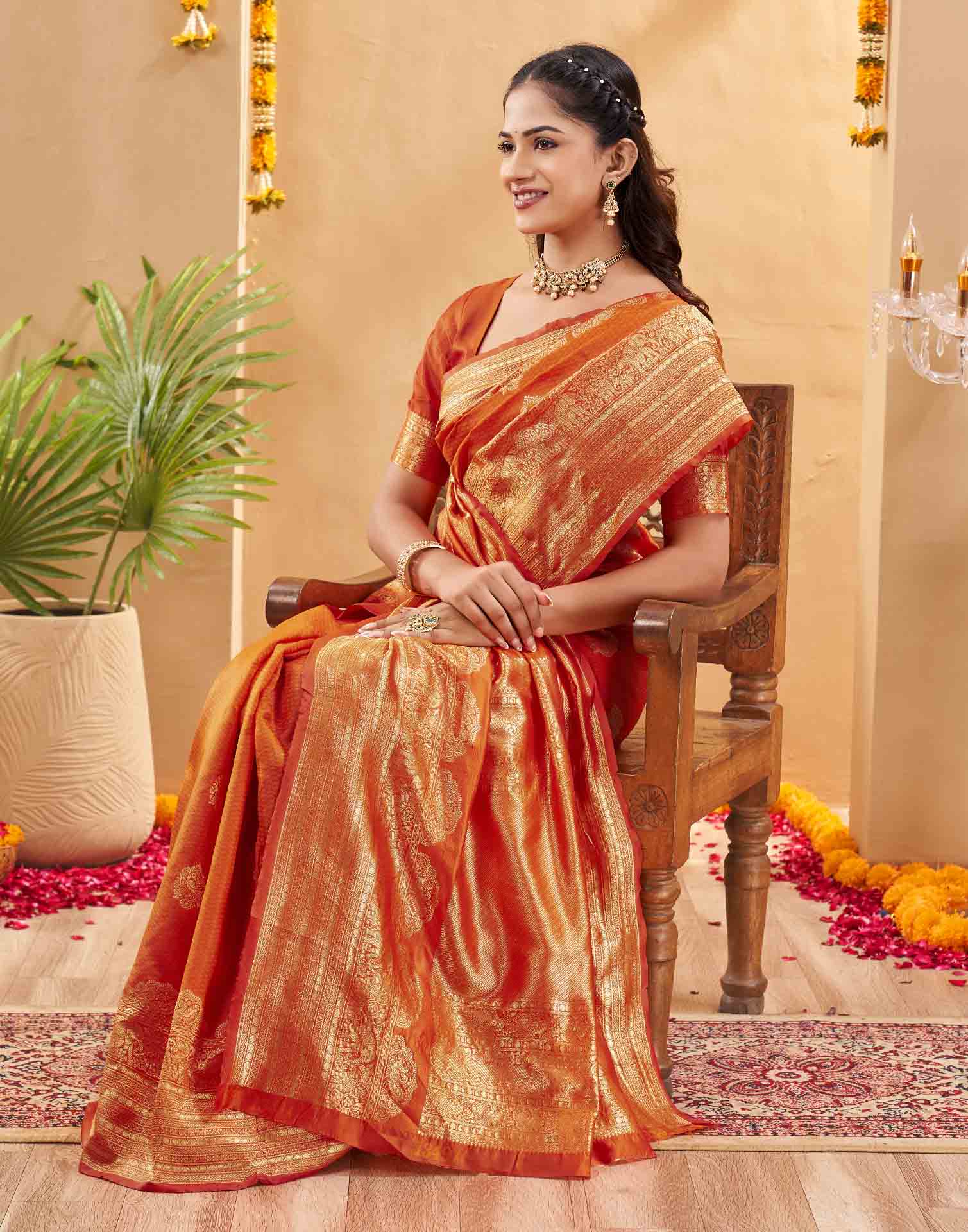 Orange Silk Woven Banarasi Saree