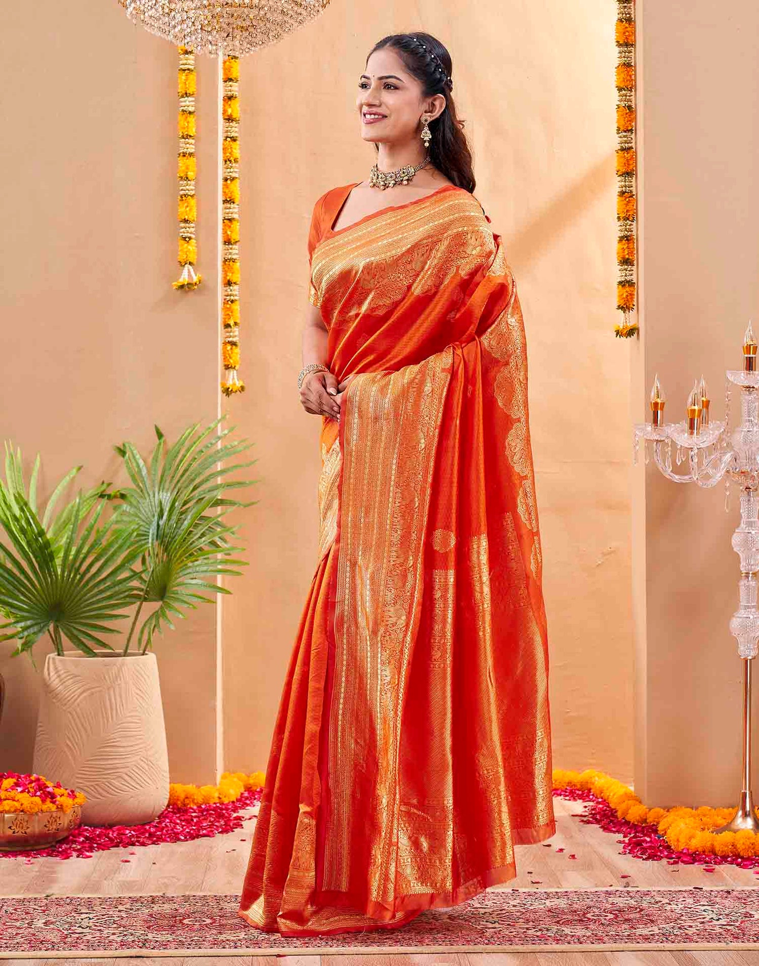 Orange Silk Woven Banarasi Saree