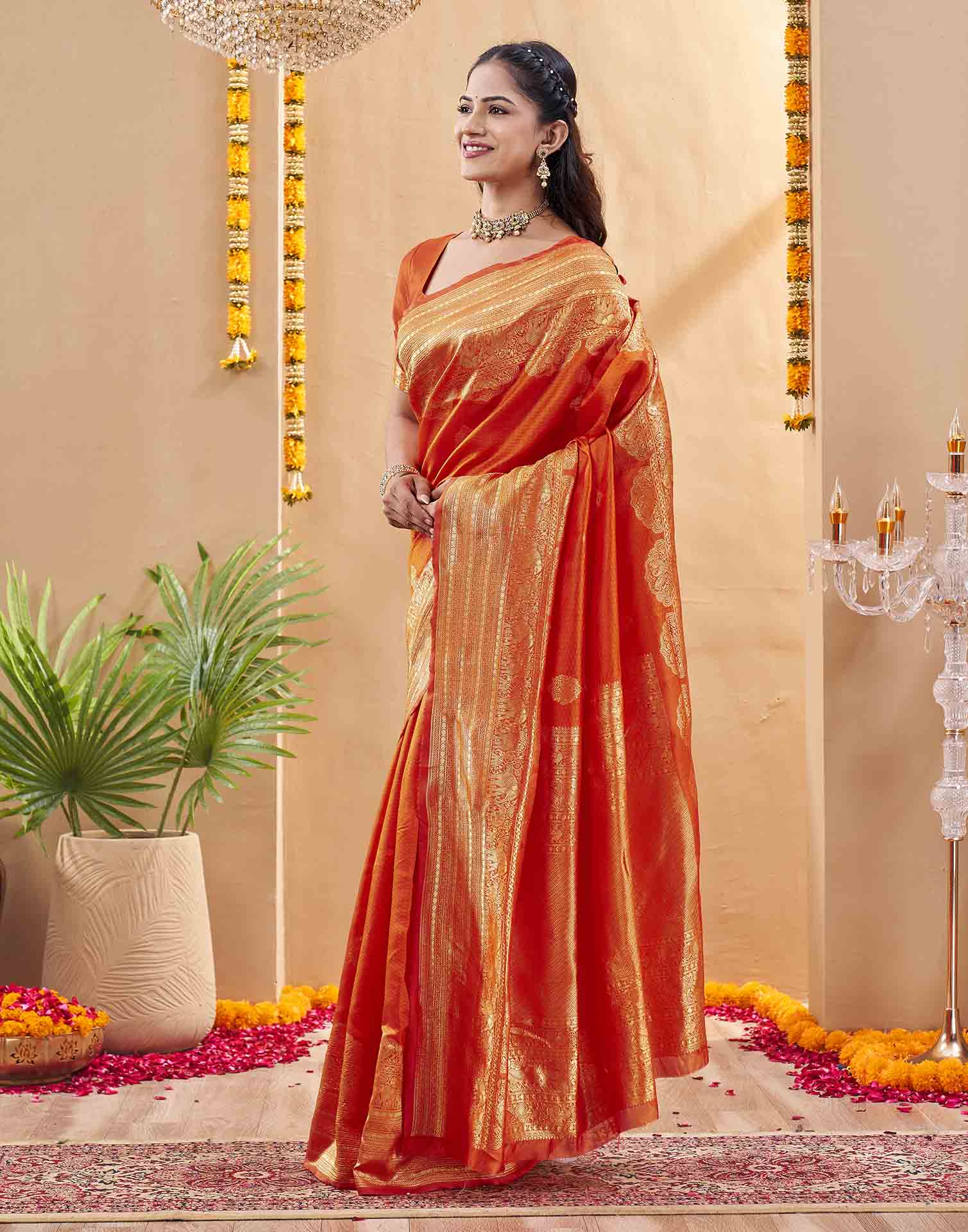 Orange Silk Woven Banarasi Saree