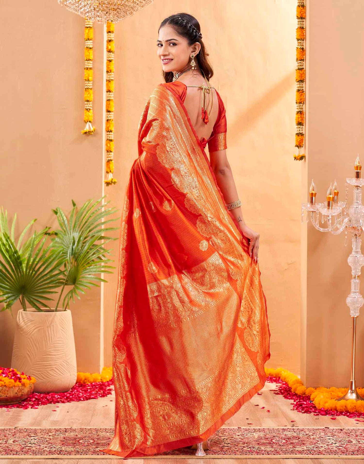 Orange Silk Woven Banarasi Saree