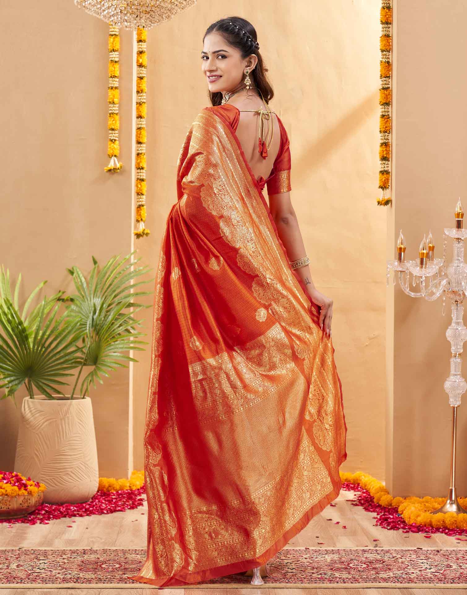 Orange Silk Woven Banarasi Saree