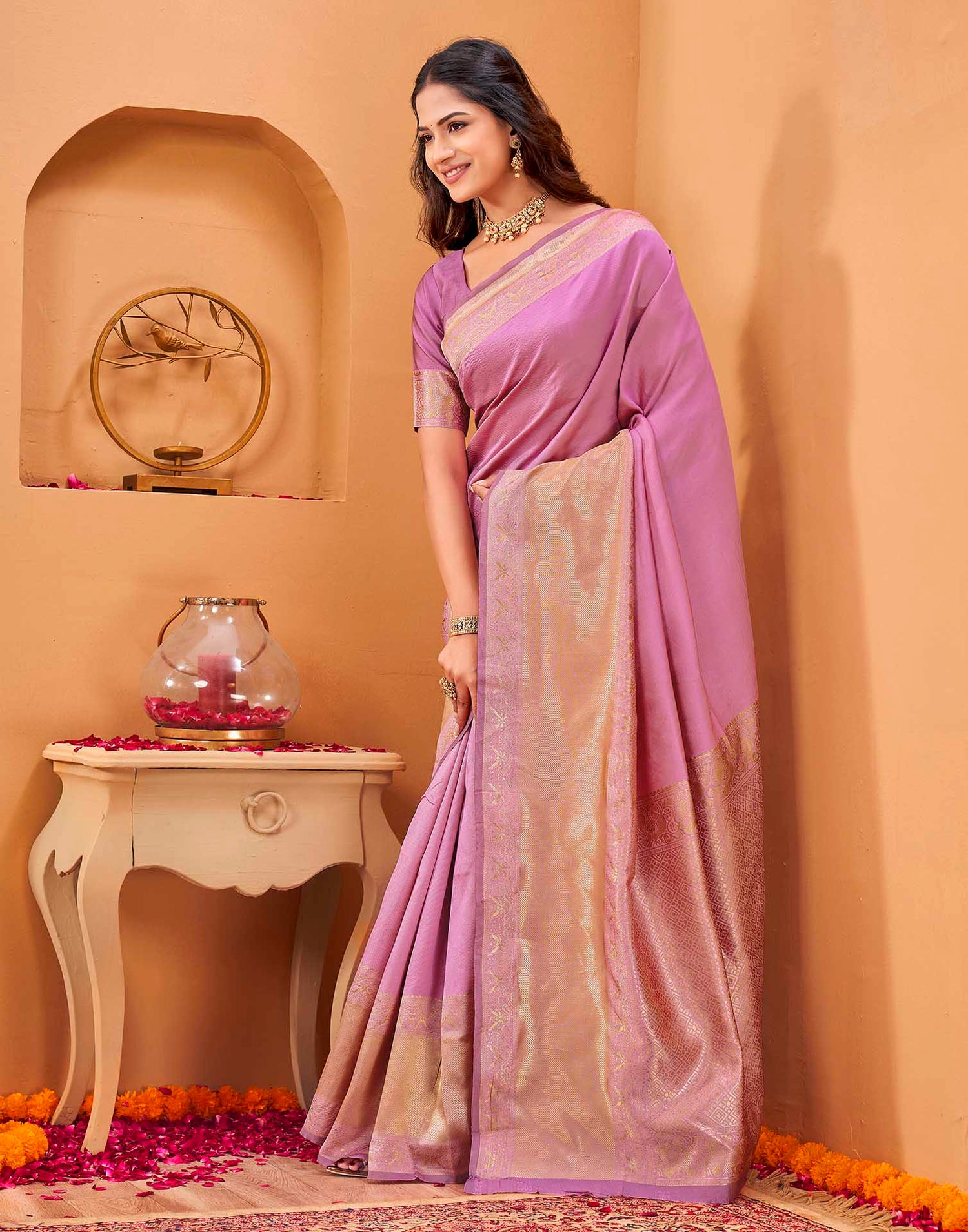 Pink Silk Woven Banarasi Saree