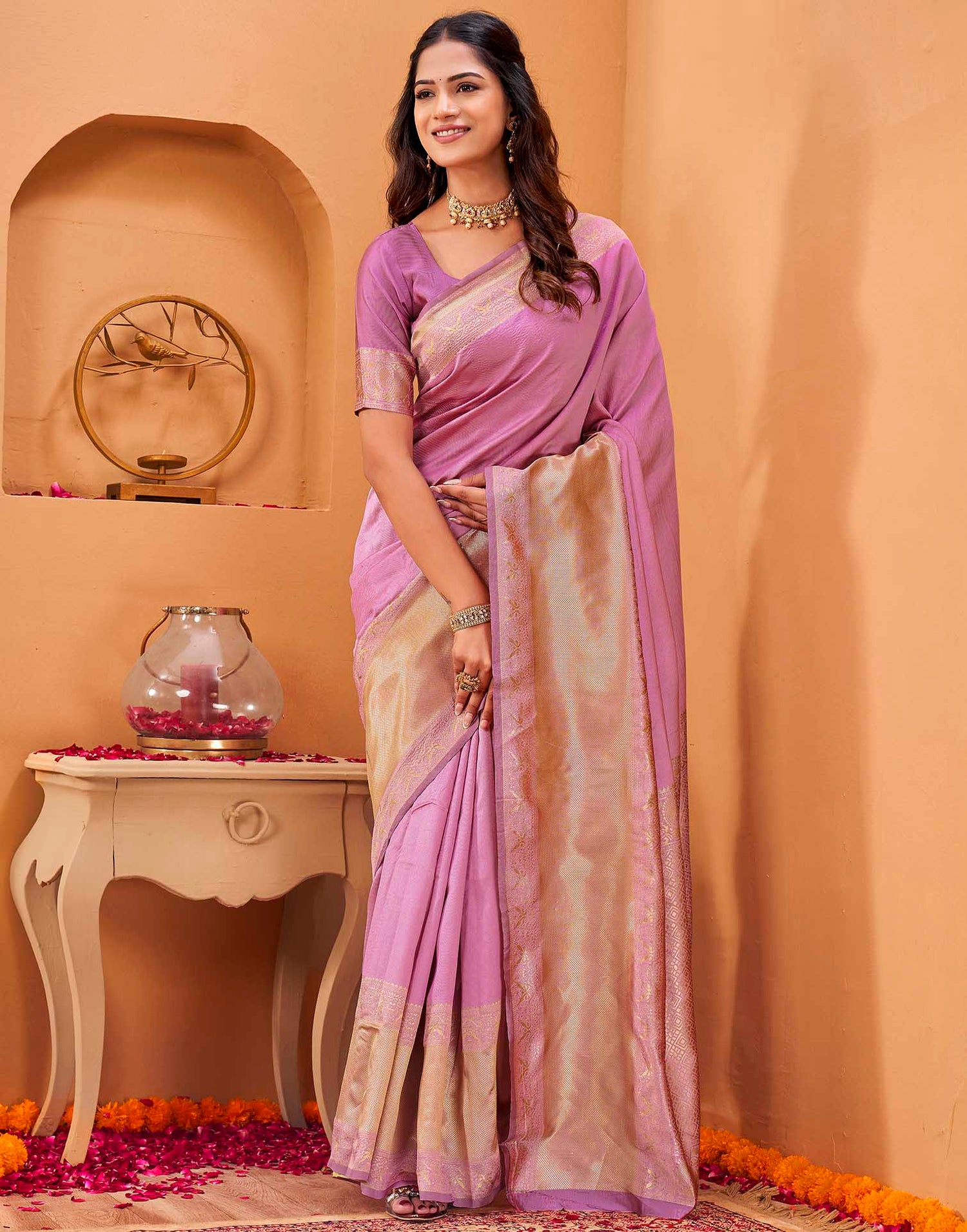 Pink Silk Woven Banarasi Saree