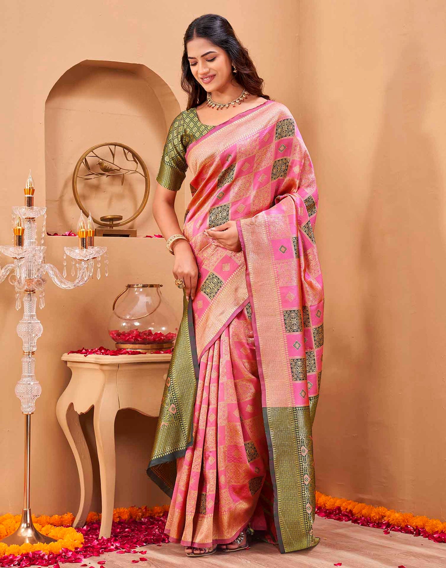 Pink Silk Woven Banarasi Saree