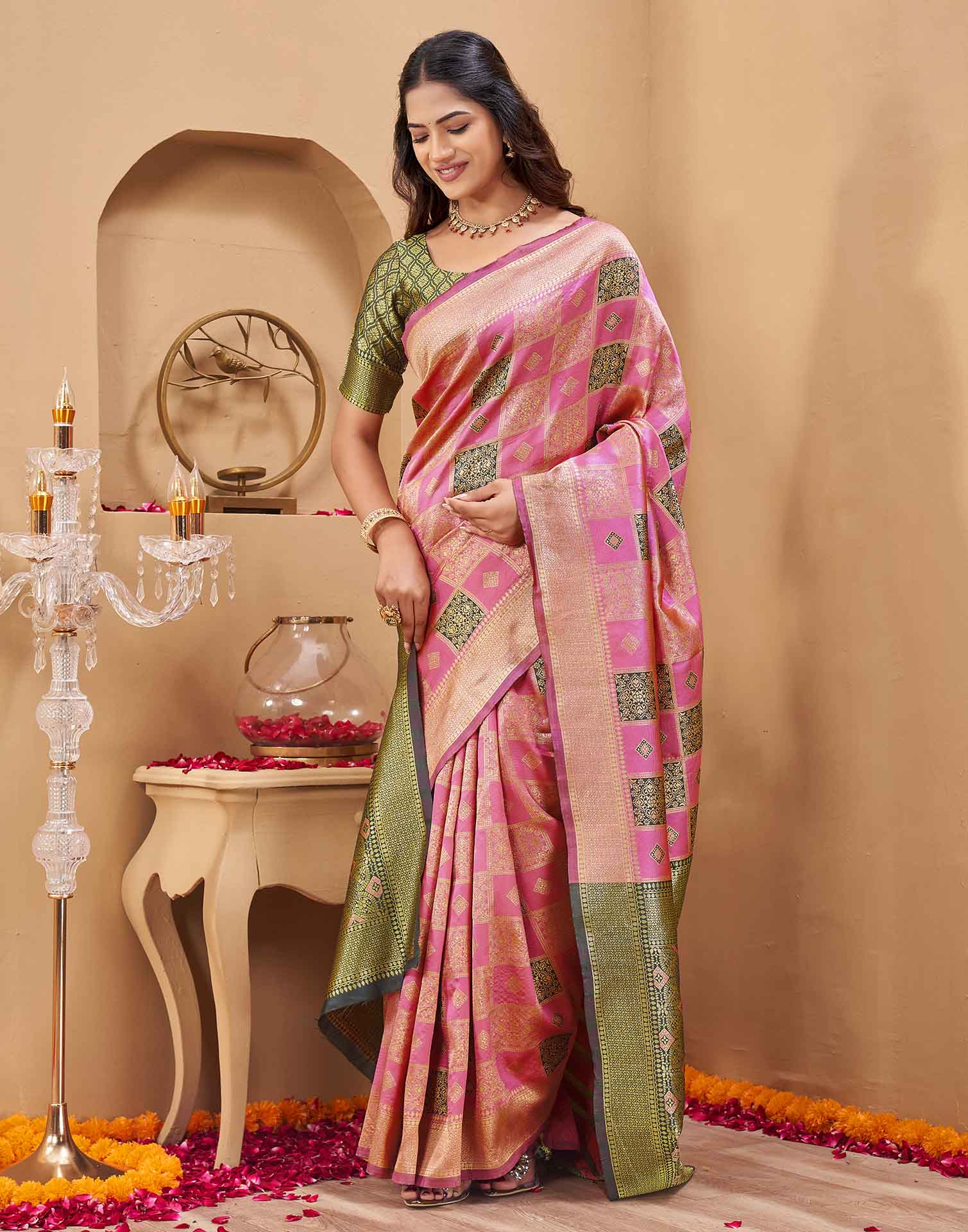 Pink Silk Woven Banarasi Saree